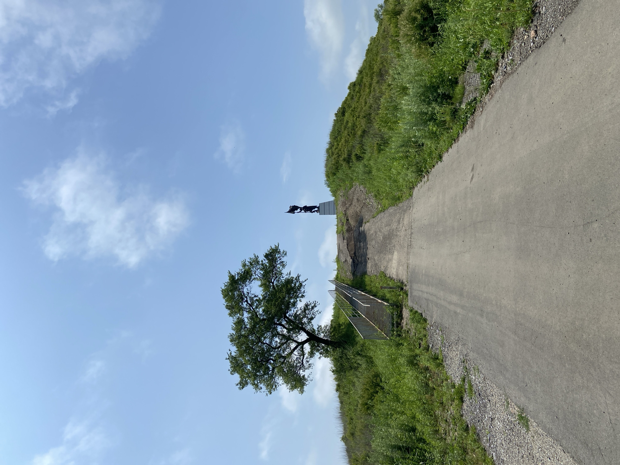 This is a photograph of a pathway leading up a grassy hill in Kraskino, Russia. At the top of the hill, there is a large tree on the left and a statue on the right. The pathway is paved and appears to be made of asphalt. There are stairs leading up the side of the hill to the left of the pathway. The sky is blue with scattered clouds. The overall scene is rural and natural, with lush green vegetation covering the hillsides.