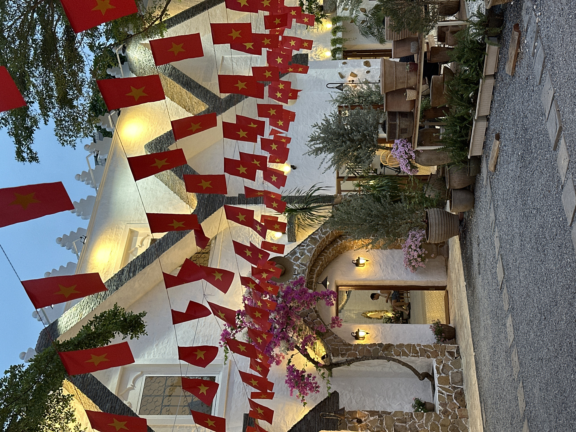 The image depicts a street scene in Thủ Đức, Vietnam, decorated with numerous Vietnamese flags strung across the street. The buildings are primarily white with stone accents and appear to be a restaurant or shop. There are potted plants and trees along the side of the street, which is paved with gravel and stone. There is a person visible through a window within one of the buildings. The lighting suggests it is either dusk or early evening.