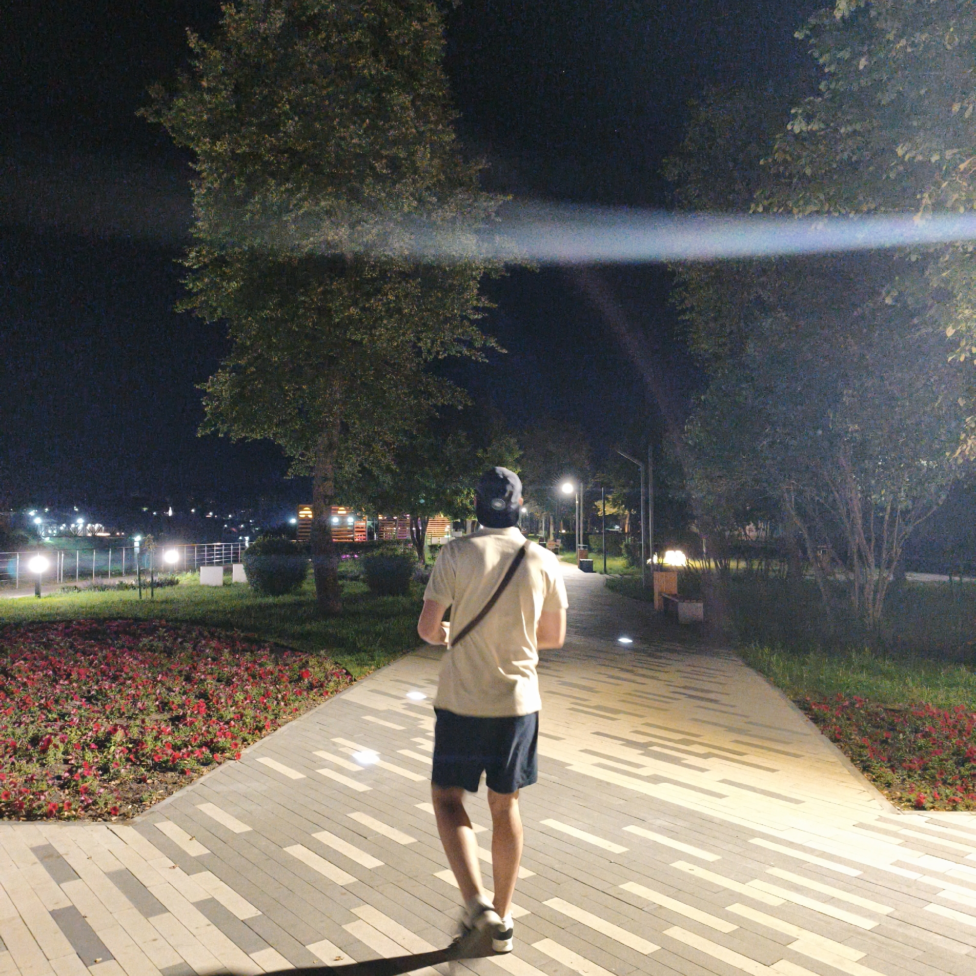 A person walks away from the camera on a pathway illuminated by streetlights at night. The person wears a light-colored t-shirt, dark shorts, and a baseball cap. A strap from a bag is visible across their shoulder. The pathway is paved with rectangular stones of alternating light and dark colors, creating a striped pattern. To the left of the pathway, there is a flowerbed filled with small red flowers. To the right, there is grass and trees. In the background, there are more trees, buildings with lights, and streetlights. The location is identified as the Grodno City Park in Hrodna, Belarus.