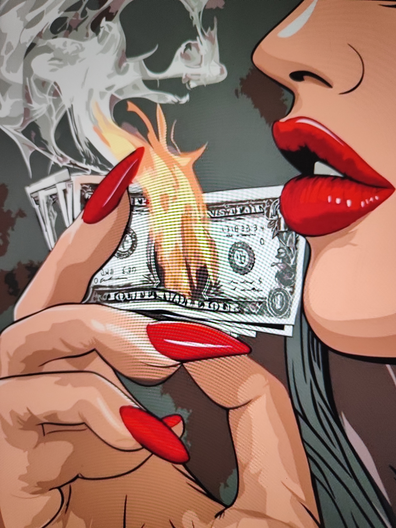 The image is a close-up, stylized illustration of a woman's face and hands. She has bright red lips and long, red fingernails. She is holding a wad of U.S. dollar bills, which appear to be burning. Smoke is billowing around the burning money. The background is a muted, abstract pattern. There is no discernible location in the city of Fergana City, Uzbekistan, or any other specific urban environment. The scene is entirely illustrative and lacks any realistic environmental context.