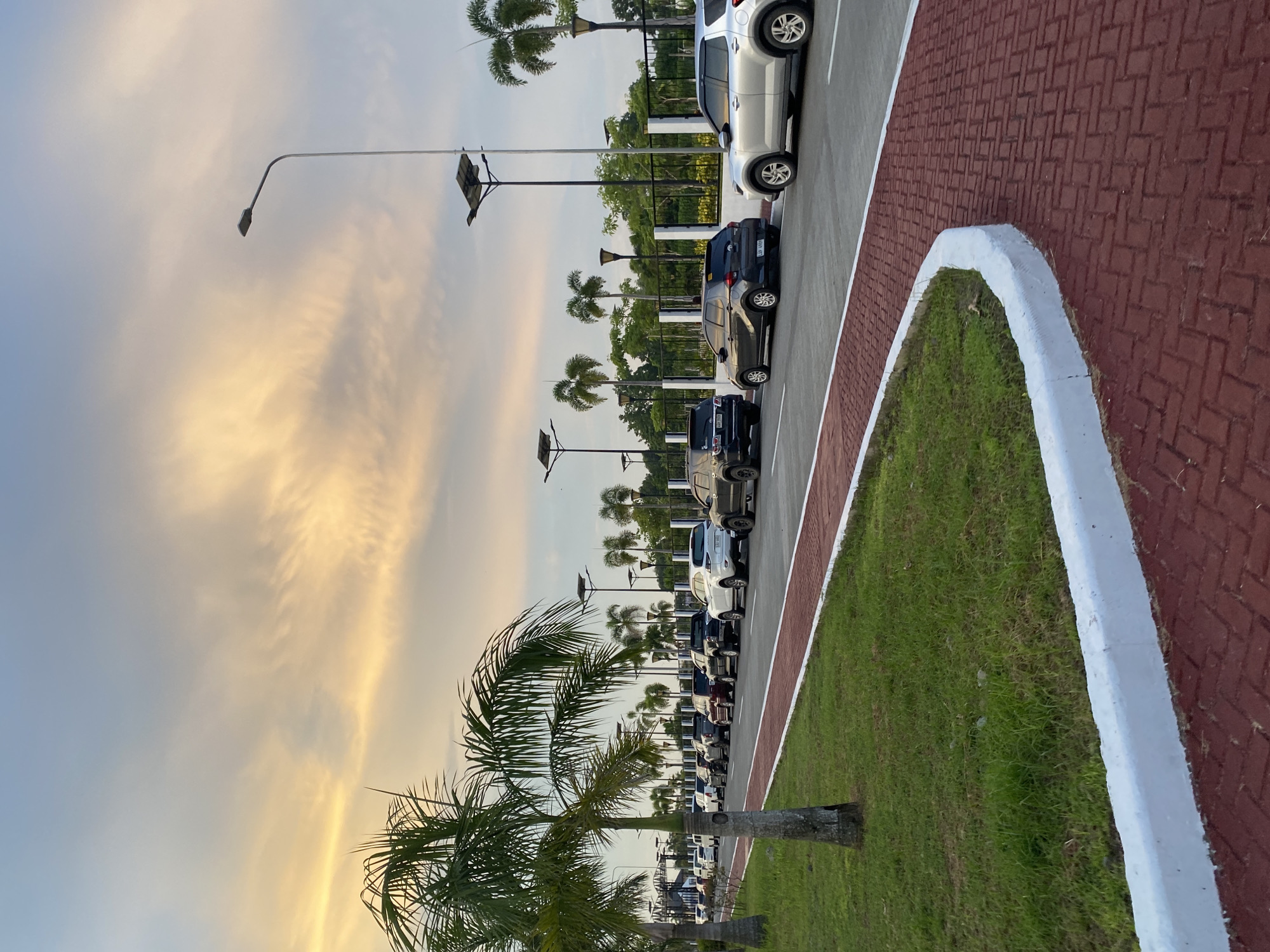 The image depicts a street scene in Davao City, Philippines, at dusk. The sky is filled with soft, warm-toned clouds, indicating either sunrise or sunset. A line of parked vehicles, primarily SUVs and sedans, are visible along the side of the road. Palm trees are scattered throughout the landscape, characteristic of tropical regions like Davao City. The road is paved with asphalt, and there is a distinct red brick walkway or bike lane bordered by a white curb. Green grass covers the area between the walkway and the parked cars. Streetlights with solar panels are spaced along the road. The overall impression is of a quiet, developing urban area during a calm period of the day.