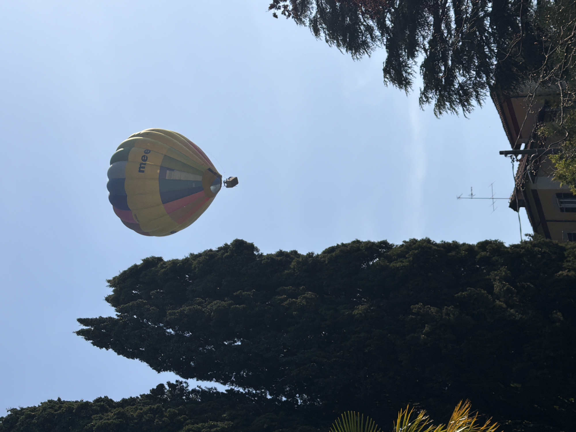 A hot air balloon floats in a clear, pale blue sky above the village of Penzano, Italy. The balloon is multi-colored, with prominent yellow, black, and red sections, and the word "mee" is visible on one side. Below the balloon, a dense thicket of dark green trees fills the lower portion of the frame. At the top right, a building with a brown roof and an antenna is partially obscured by foliage. The photograph appears to be taken from a low angle, looking up at the balloon.