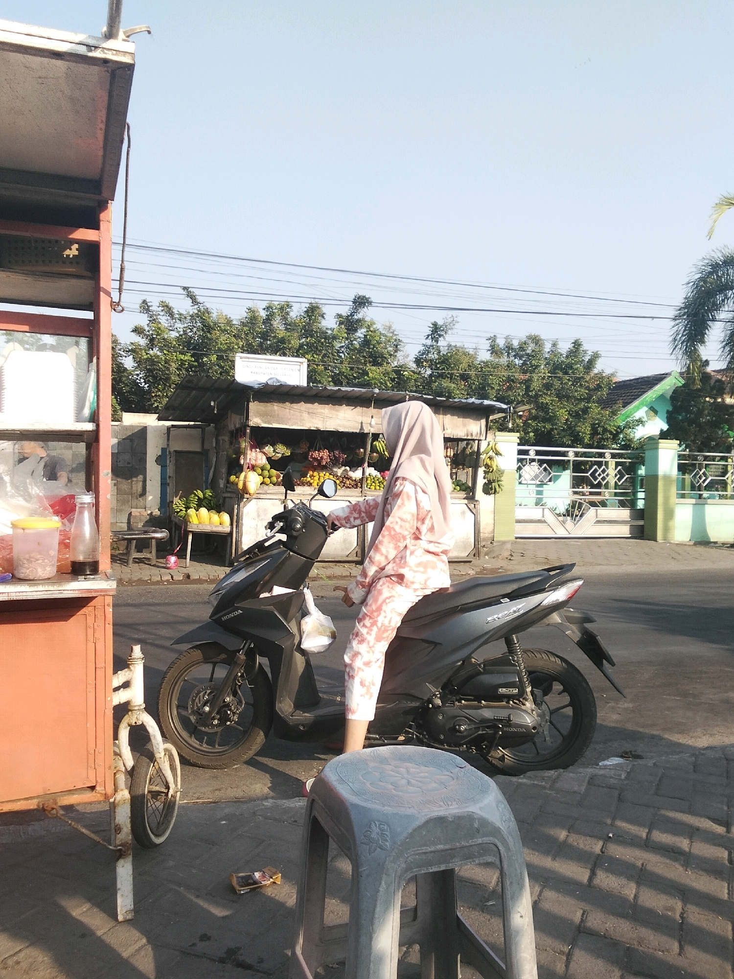 A woman wearing a light pink hijab and a matching patterned outfit is seated on a dark gray Honda motorcycle. She is facing away from the camera, and her left hand is on the motorcycle's handlebar. The motorcycle is parked on a brick sidewalk in front of a fruit stand. The fruit stand displays various fruits, including bananas, durians, and what appear to be grapes and oranges. A red and white cart is to the left of the fruit stand, and a grey plastic stool is in the foreground. In the background, there are trees, a house with a green roof, and a decorative gate. The scene appears to be in a public area in Singogalih, Indonesia, under a clear sky.