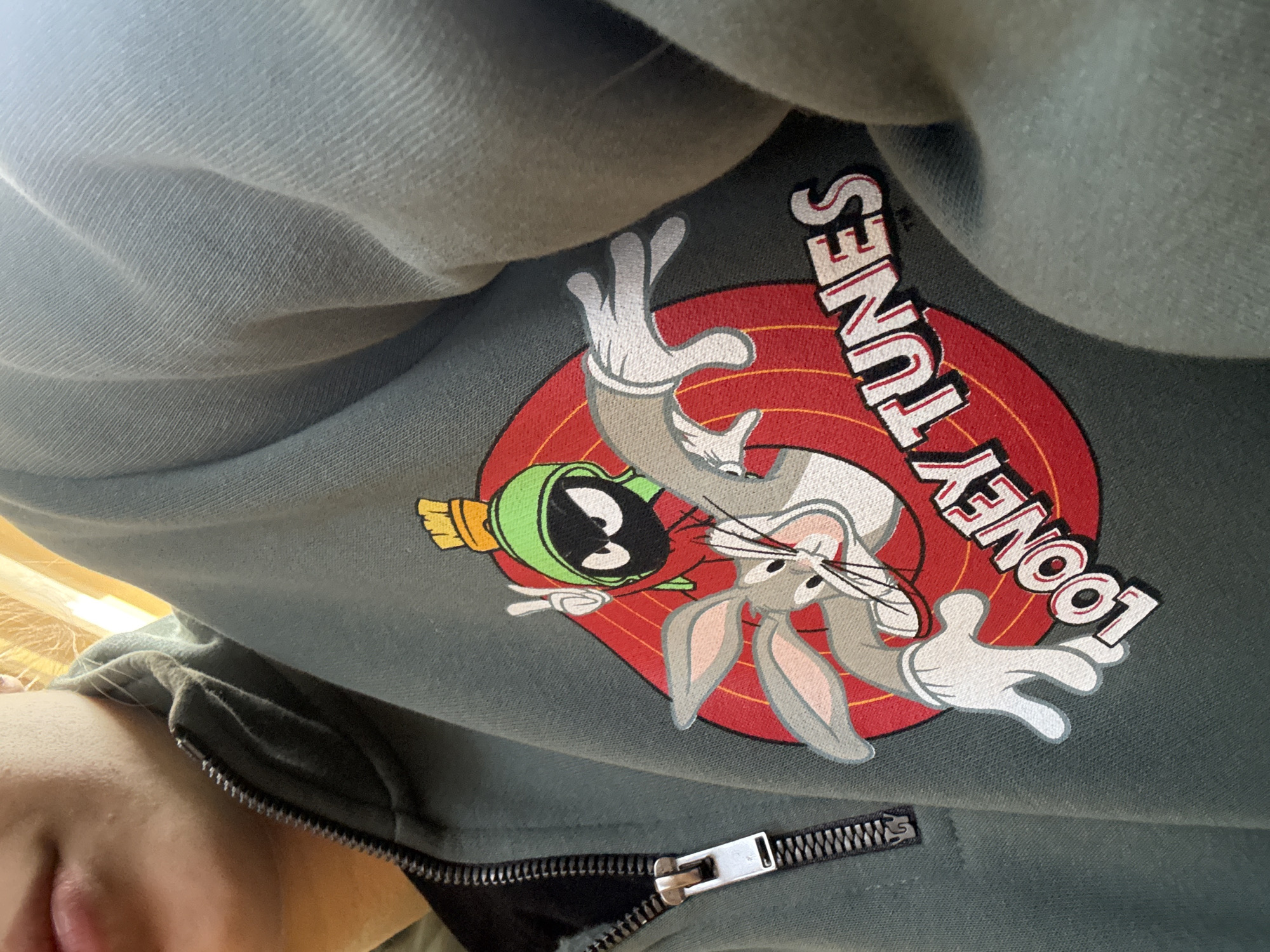 The image shows a person wearing a zip-up sweatshirt with a "Looney Tunes" design. The design features Bugs Bunny and Marvin the Martian within a red and white target logo with the words "Looney Tunes" printed around the target. The sweatshirt is a muted green color. The person's face is partially visible. The location is not discernible from the image.