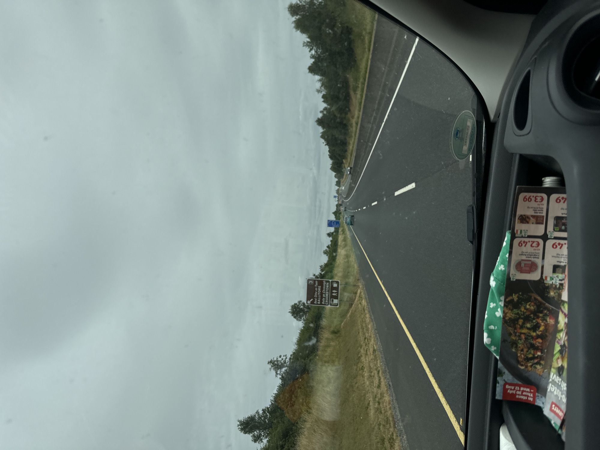 The image shows a view from inside a vehicle driving on a highway. The road is asphalt with white and yellow lane markings. The sky is overcast and gray. On the left side of the road, there is a grassy embankment with trees and a brown signpost indicating exit 3 for Ballitore and Crookstown, with symbols for restrooms, food, and a bus. On the right side of the road, there are more trees and a concrete barrier. In the foreground, on the dashboard of the vehicle, are some papers and a green cloth with a shamrock pattern. Several other vehicles are visible on the highway in the distance.