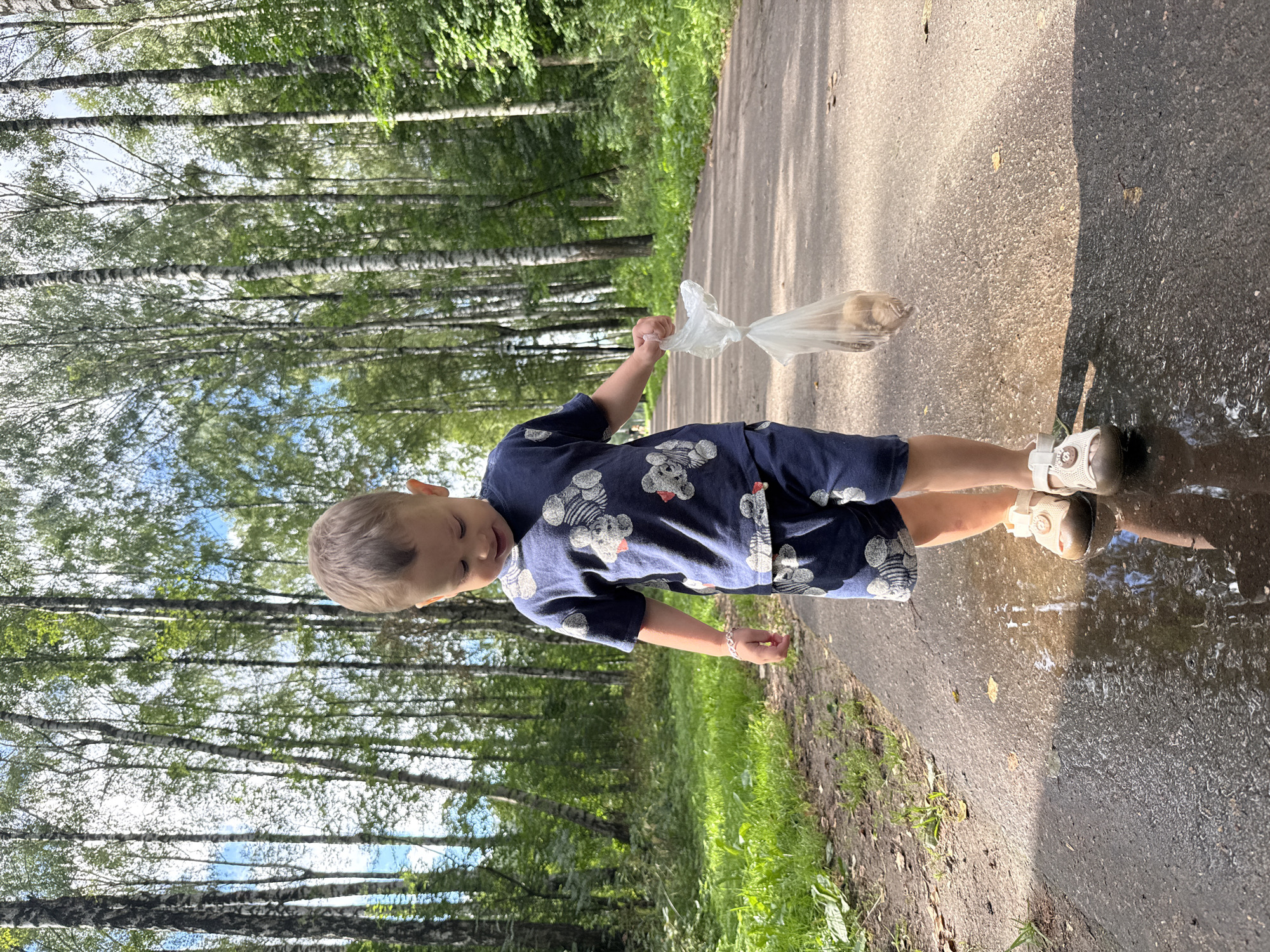 A young boy walks along a paved path in a park, holding a clear plastic bag containing a few brown objects. The boy is wearing a dark blue t-shirt and shorts with a teddy bear pattern, and light-colored sandals. He is walking through a puddle on the path. The path is lined with tall birch trees and green foliage. The sun is shining, casting shadows on the path. The location is identified as Rusanovo, Russia.