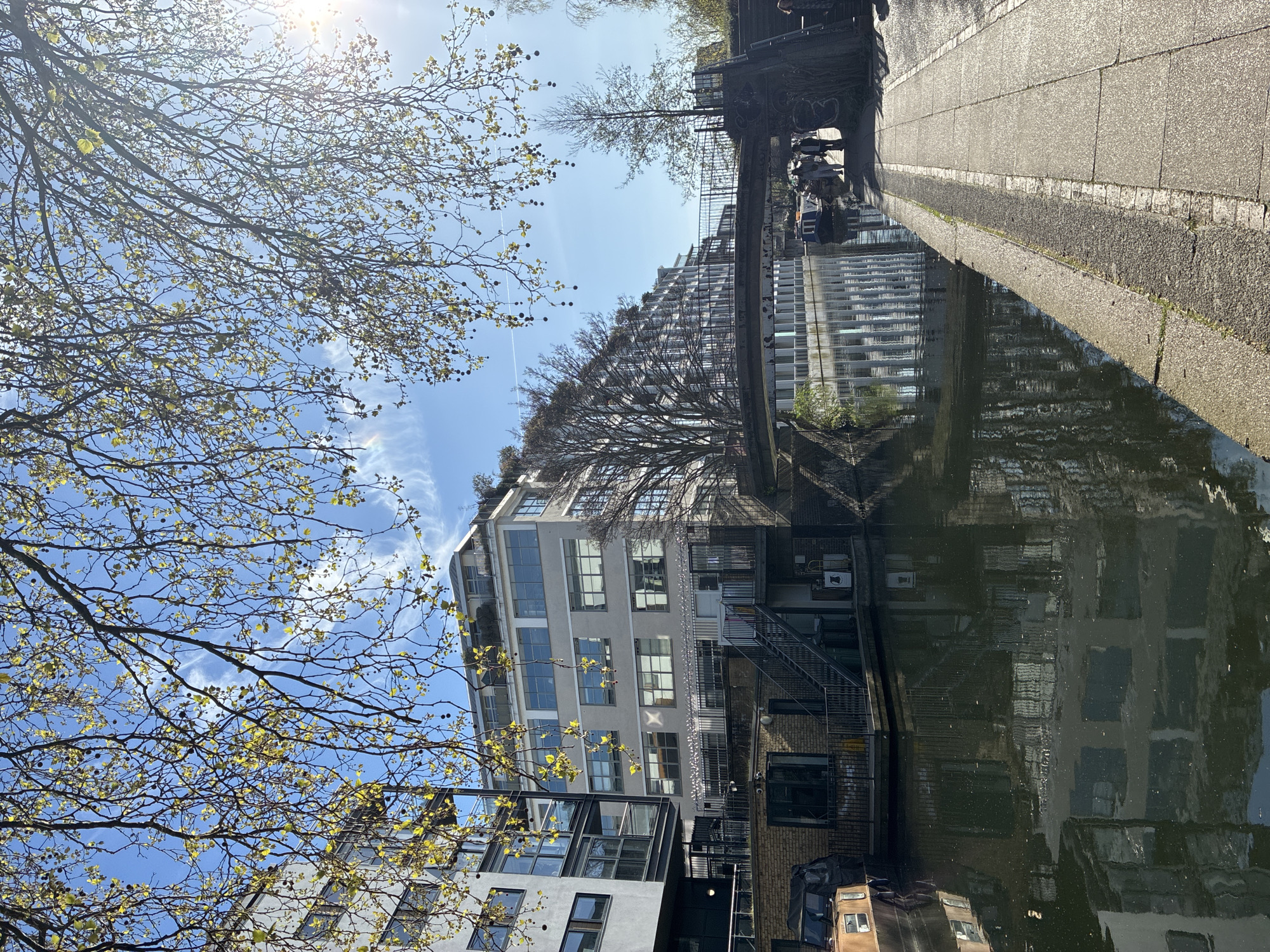 The image depicts a section of Regent's Canal in London, United Kingdom, viewed from a low angle. The canal's water reflects the surrounding architecture, primarily modern buildings with multiple stories and large windows. A tree with young leaves overhangs the scene, partially obscuring the buildings and sky. A walkway lines the canal's edge, with a bridge crossing the canal in the background. People can be vaguely seen walking on the bridge. A narrowboat is visible in the water. The sky is blue with some wispy clouds, and the sun is shining brightly.