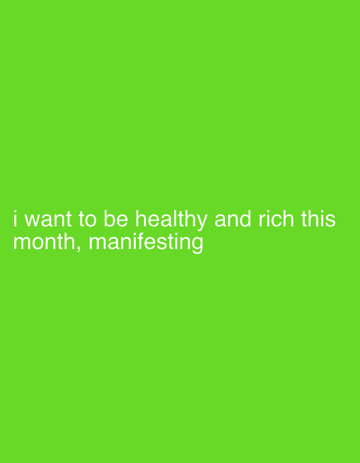 The image is a solid green background with the text "i want to be healthy and rich this month, manifesting" in white. The coordinates provided, 3.258 latitude and 97.171 longitude, place the image in Tapak Tuan, Indonesia.