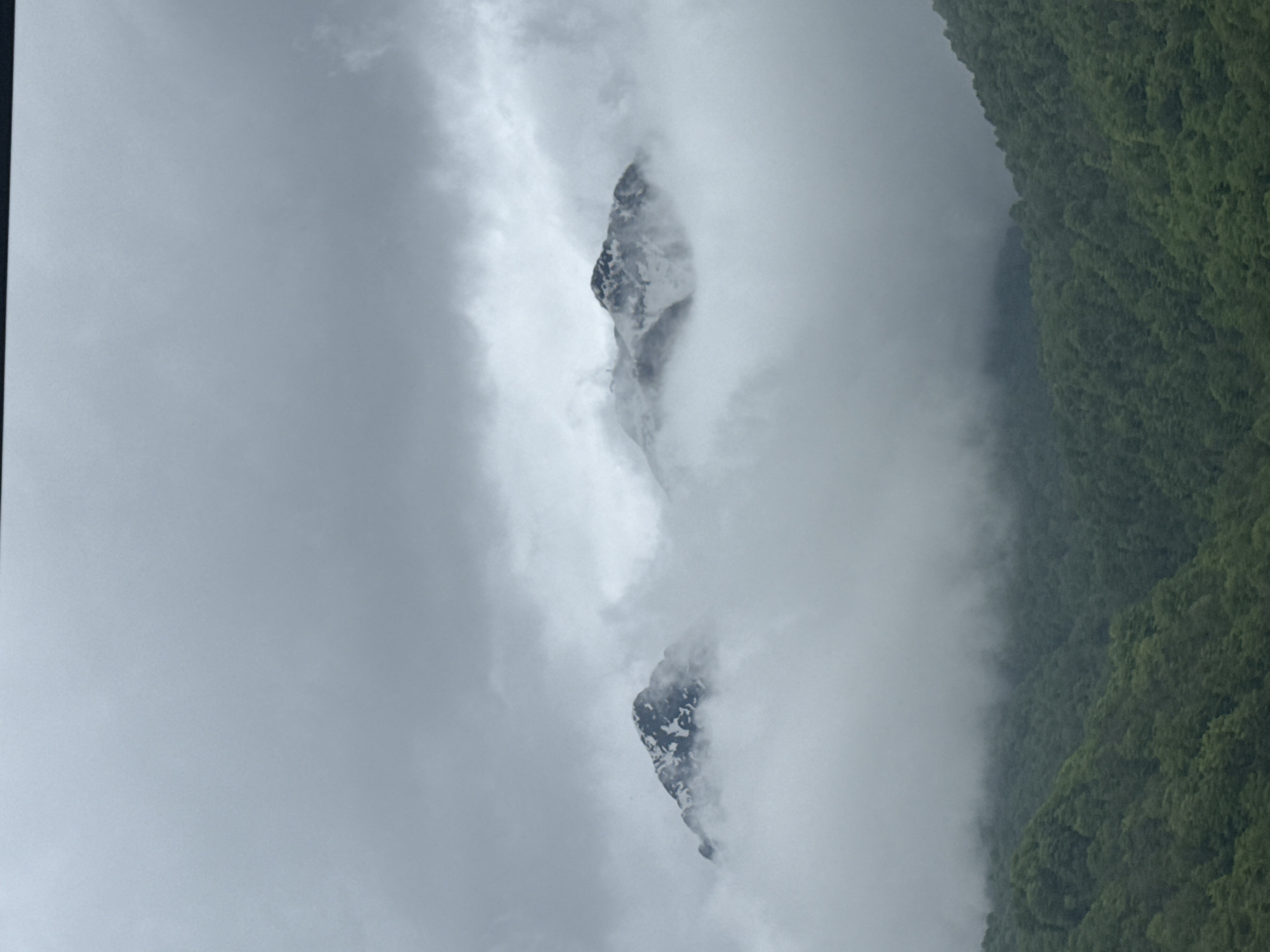 The image shows a mountain range shrouded in dense fog in Krasnaya Polyana, Russia. Two prominent, rocky mountain peaks with patches of snow are visible through gaps in the fog. A hillside covered in lush, green forest is seen on the right side of the image, partially obscured by the fog. The overall sky is overcast, creating a muted and atmospheric scene.
