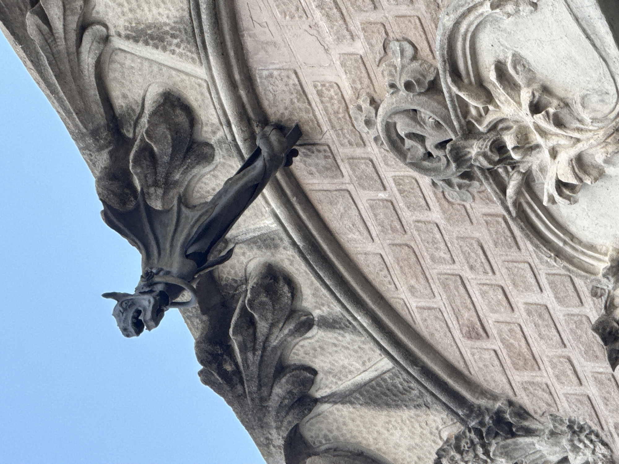 The image shows a close-up of a gargoyle on the exterior of a building. The gargoyle, made of dark stone or metal, is shaped like a grotesque animal head, with what appears to be wings folded back. The gargoyle is positioned on a decorative architectural element made of lighter-colored stone. The surrounding architecture includes carved stone leaves and geometric patterns. A small patch of blue sky is visible in the lower-left corner of the frame. This architectural detail is likely part of the Gothic Quarter in Barcelona, Spain, characterized by its intricate stone carvings.