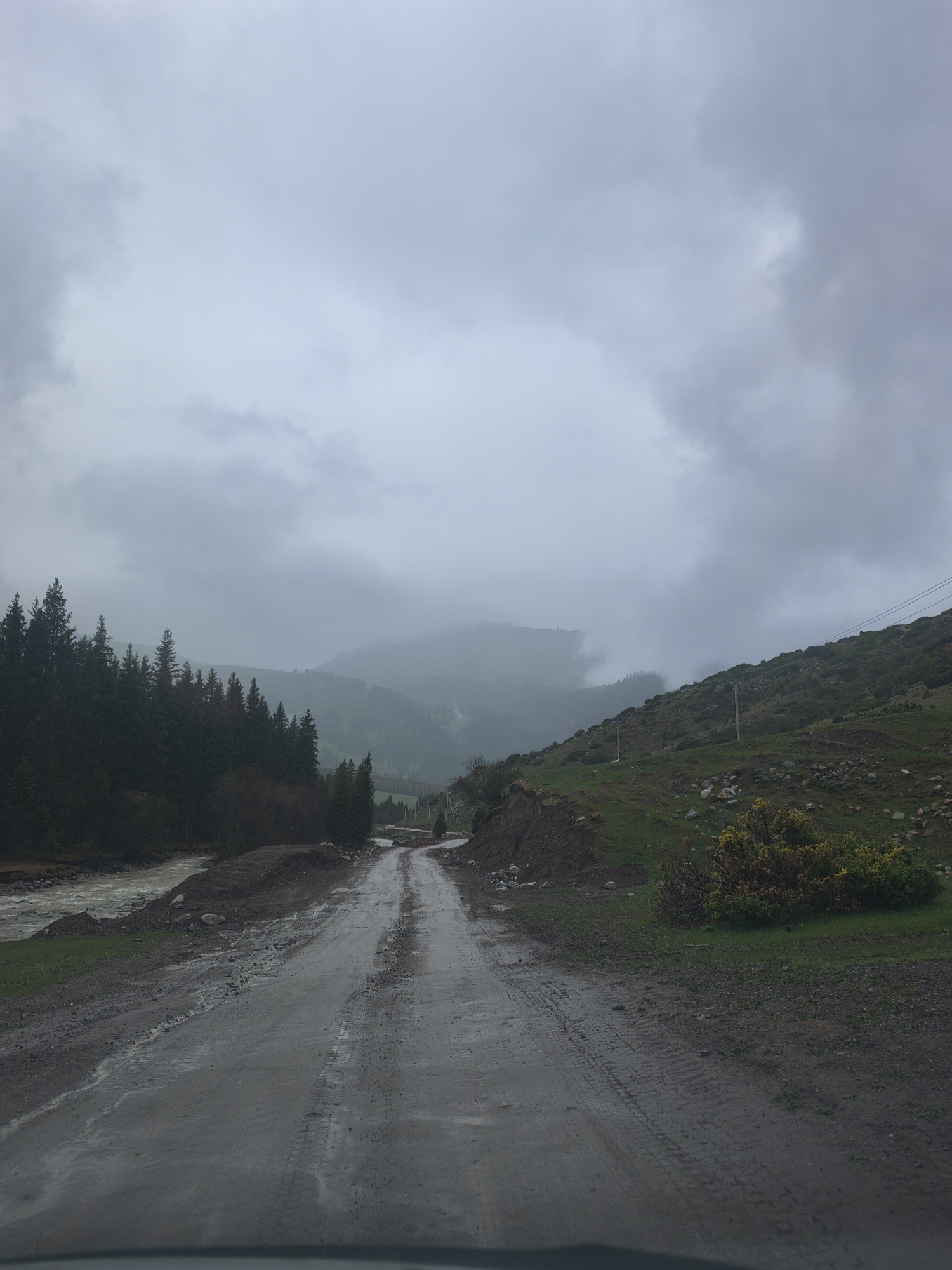 This media file captures a rugged, mountainous landscape in Dzhetyoguz, Kyrgyzstan, under heavy overcast skies. The scene is dominated by a wet, unpaved dirt road with prominent tire tracks, curving into the distance towards the misty mountains.

To the left of the road, a fast-flowing, brownish-grey river winds through the valley. Its banks are lined with dark, dense coniferous trees, possibly spruce or fir, which extend up the slopes, forming a thick forest. Beyond these trees, more mountains are visible, partially obscured by low-hanging clouds and mist.

On the right side of the road, a steep, grassy hillside rises. This hillside is dotted with rocks and patches of shrubs, some displaying yellow flowers. Power poles and electrical lines are strung along this slope, hinting at a presence of infrastructure despite the remote appearance.

The weather appears gloomy and damp, with a completely overcast sky and heavy grey clouds that envelop the distant peaks, creating a moody and atmospheric setting. The wetness of the road and the turbulent river suggest recent precipitation. No people or visible text are present in the image. The time of day is daylight, but the cloud cover reduces visibility and light intensity.