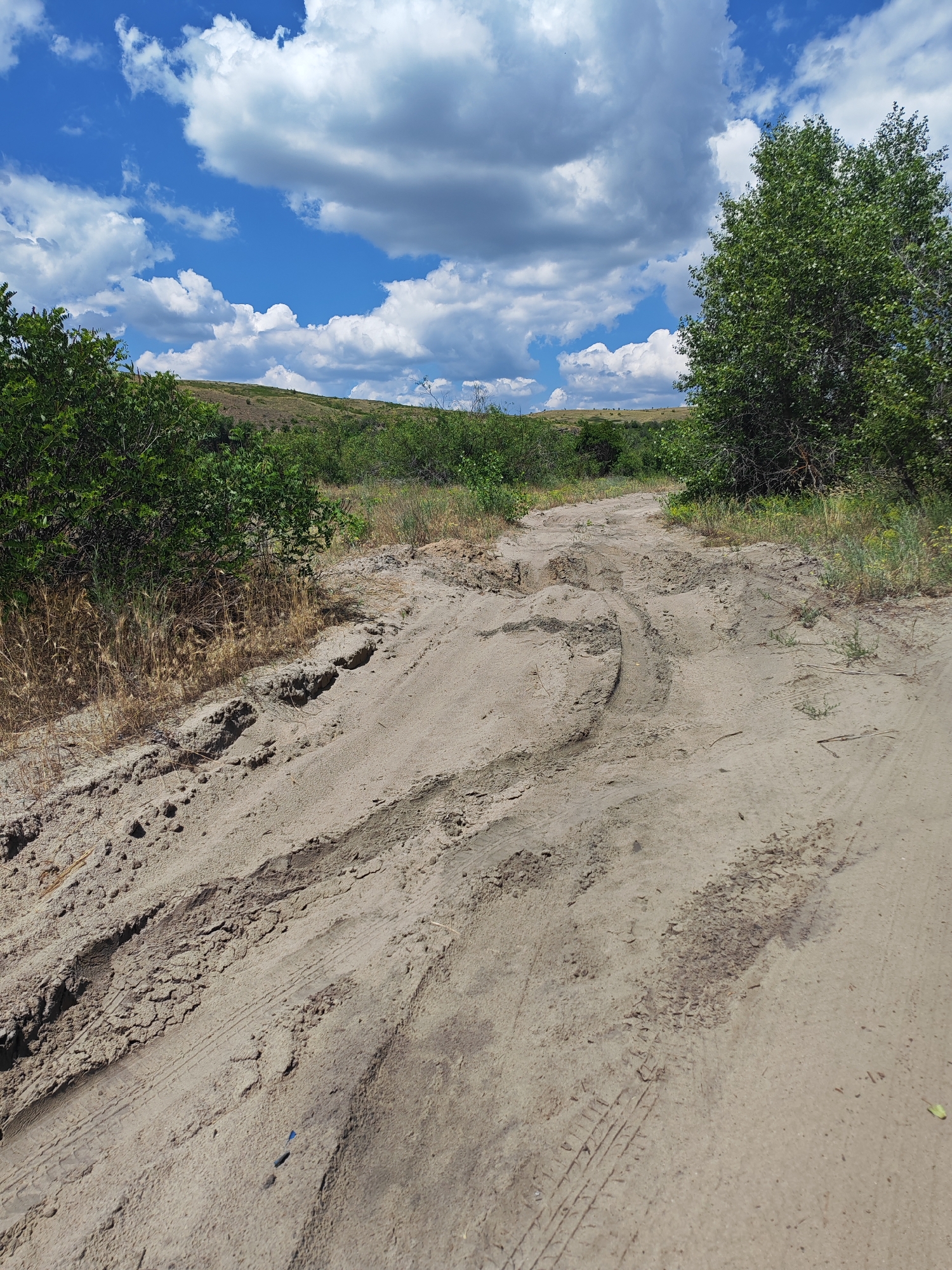 The image depicts a dusty, unpaved road winding through a natural landscape under a partly cloudy sky. The road surface is primarily composed of light brown sand and dirt, showing clear tire tracks and some evidence of erosion and water damage, particularly on the left side where the ground appears more broken and uneven. Sparse, dry grasses and weeds grow along the edges of the road, with denser green foliage and trees visible further back, suggesting a rural or undeveloped area. In the background, rolling hills covered in vegetation are visible under a bright blue sky with scattered white and gray clouds. The overall scene conveys a sense of an outdoor, natural environment, likely a rural path or off-road trail. The location is specified as Krutinskii, Russia.