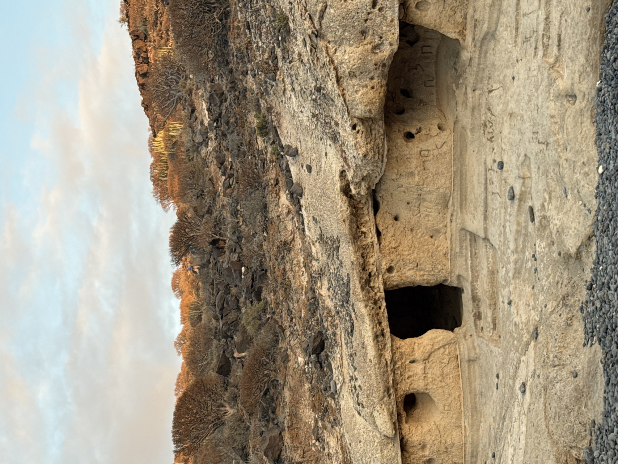 This is a ground-level, medium-shot vertical photograph of a rocky, arid landscape with an overcast sky. In the foreground, a rough, textured, light-colored rock formation features several cave-like openings and natural erosion patterns. Some carved markings are visible on the rock face within the openings. Small, dark gray pebbles cover the ground in the immediate foreground.

The middle ground consists of a sloping hillside covered in dark rocks, dry brush, and sparse, gnarled trees, many of which appear to have died back. Some spiky, green plants, possibly succulents or cacti, are scattered among the vegetation, particularly on the left side of the frame. The sunlight, likely from a low angle given the warm hues on the vegetation and sky, illuminates the scene. Two small figures, one wearing a blue top and the other a darker top, are visible walking on the hillside in the upper-middle section of the image, appearing to be exploring or hiking.

The background is dominated by the sky, which is mostly covered by light gray and white clouds, with hints of pale orange and yellow light filtering through, suggesting either sunrise or sunset. The overall impression is one of a natural, somewhat desolate environment. The location is identified as Adeje, Spain, suggesting it is a natural geological feature found in that region.