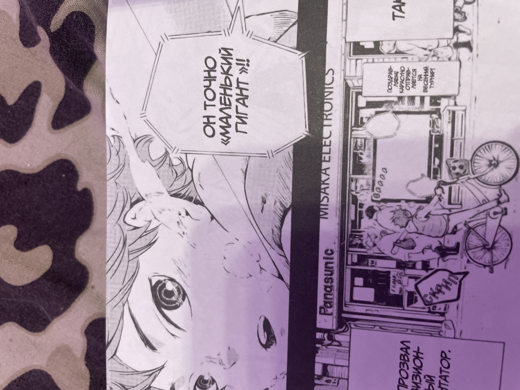 The image shows a manga panel with a young person's face in the upper portion, looking surprised or in awe. Below this, a street scene unfolds. A storefront with a "Panasunic" sign is visible, as is another sign that appears to read "MISAKA ELECTRONICS". Several figures are depicted in the street, including a person riding a bicycle and others walking. One of the characters is inside the storefront. A speech bubble contains Russian text that translates to "He is exactly a 'little giant'!!". Another speech bubble above a sign reads "SORRY". A separate sign displays Russian text that translates to "CONGRATULATIONS TO ALL PARTICIPANTS IN THE SPRING TOURNAMENT!". The overall scene is a candid, everyday moment captured in a comic book style. The location is not specified as Irinovka, Russia.