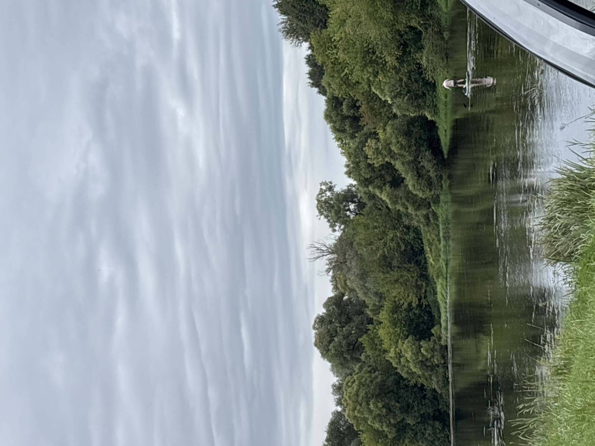 A person is paddleboarding on a calm river in Zvenigorod, Russia, with a dense green forest line on the opposite bank. The sky is overcast with gray clouds. The foreground shows green grass and a portion of a car's windshield.