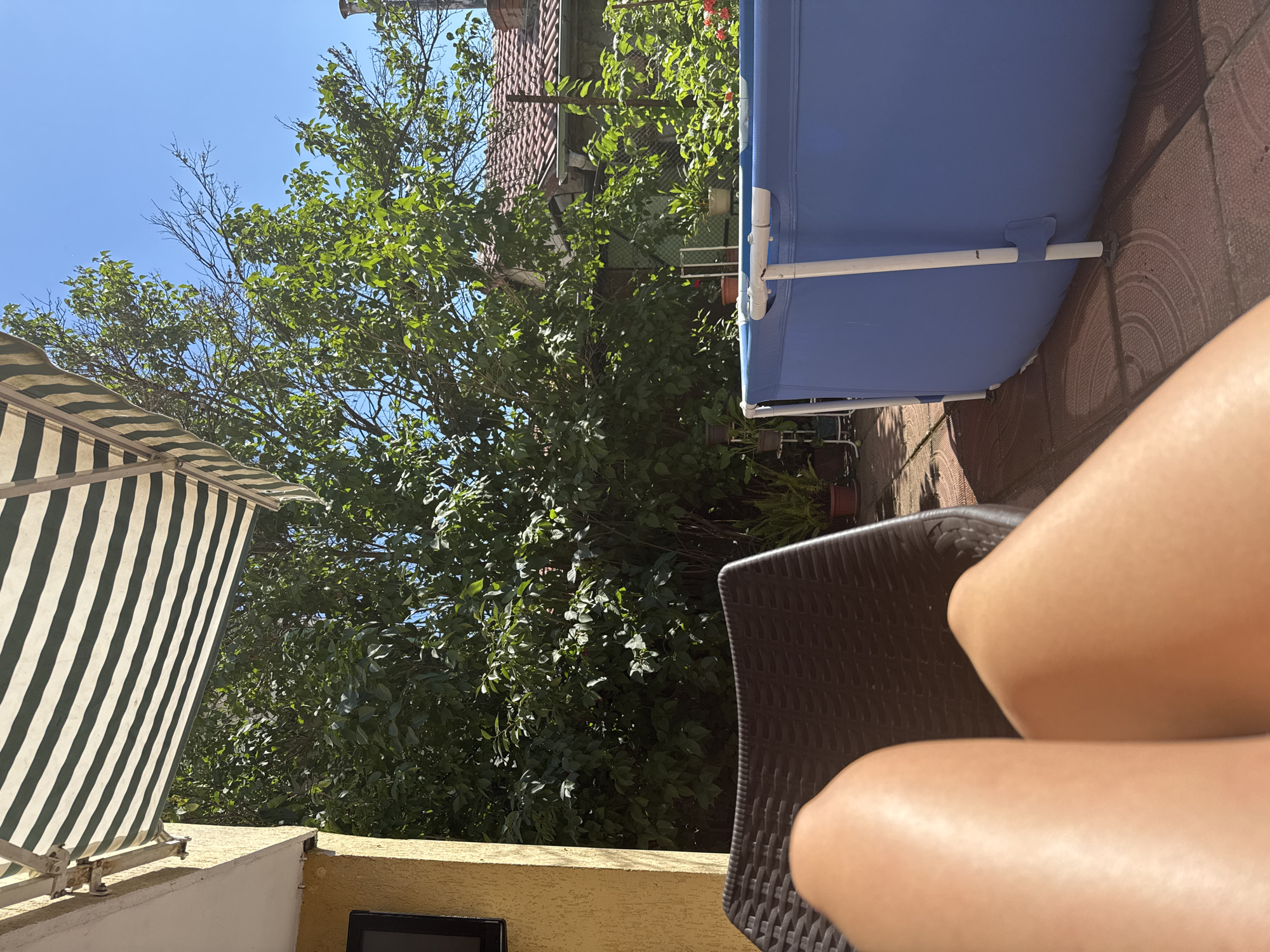 The image depicts a sunny outdoor scene, likely a backyard in Novi Iskar, Bulgaria. In the foreground, a person's bare legs are visible, resting on a dark woven chair. To the right, a blue inflatable swimming pool is set up on a tiled patio. Behind the pool and chair, lush green trees and foliage dominate the background. A striped awning extends from a building on the left. In the distance, a tiled roof of a house is visible, along with a chimney. The sky is clear and blue. The overall impression is one of a relaxed, summery atmosphere.