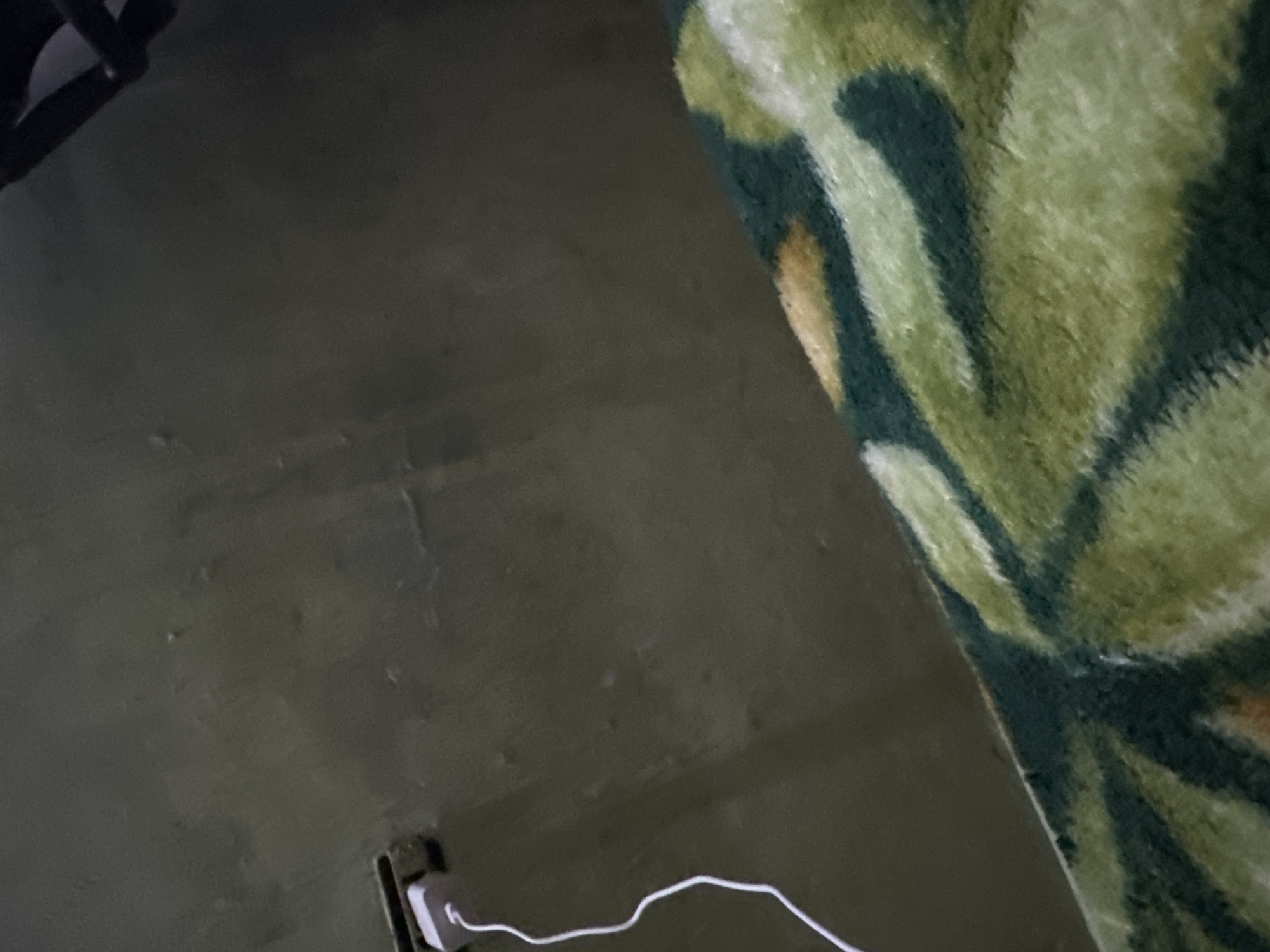 An interior scene, located in Juan Griego, Venezuela, displays a textured, dark olive-green wall or ceiling dominating the upper and left sections. A white power adapter is plugged into a dark-colored electrical fixture in the upper-left, with a white charging cable extending downwards and rightwards. The lower-right portion of the image features a plush, patterned fabric, resembling a blanket or rug, with an abstract design in varying shades of green and occasional golden-yellow patches. The wall and fabric meet along a distinct diagonal line, suggesting the edge of furniture or flooring. No individuals, actions, or specific interactions are visible within the frame.