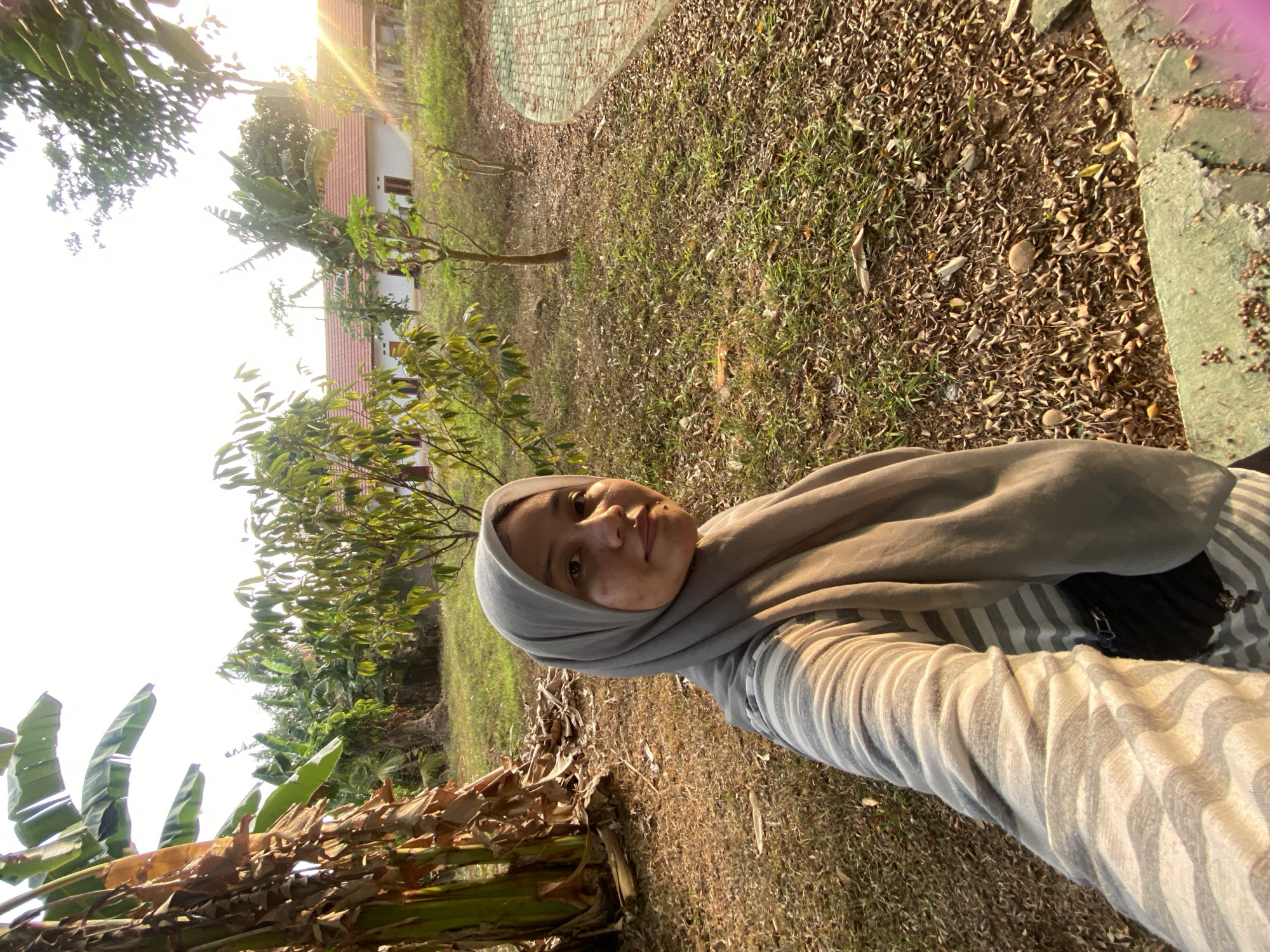 A woman wearing a grey hijab and a striped long-sleeved shirt is taking a selfie outdoors. She is standing in a grassy area with scattered dry leaves. To her left is a large banana tree with a dry trunk. In the background, there are several young trees and a building with a red tile roof. The sun is setting, casting a warm glow on the scene and creating lens flares. The location appears to be a park or garden within Banjarbaru, Indonesia, given the tropical vegetation and style of the building.