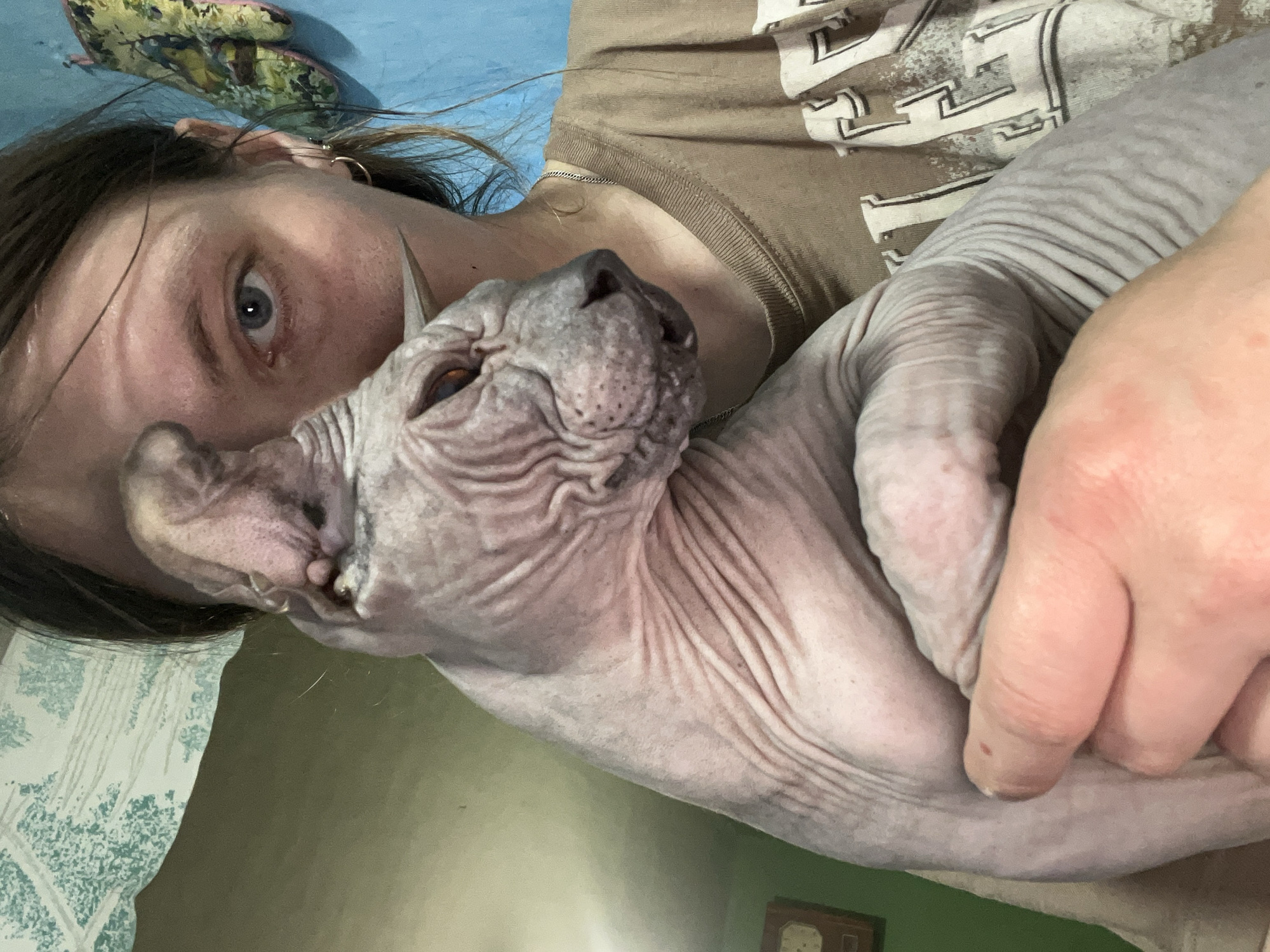 A pale-skinned person is lying on a bed, cradling a sphynx cat. The person has blue eyes and light brown hair. They are wearing a brown t-shirt and a silver chain necklace. The cat is hairless and wrinkled. A hand is holding the cat. The bed has a blue and green patterned pillow. The wall behind the bed is green. A clock on a table is slightly visible in the bottom right corner. The location, Nizhny Tagil, Russia, is not identifiable in the image.