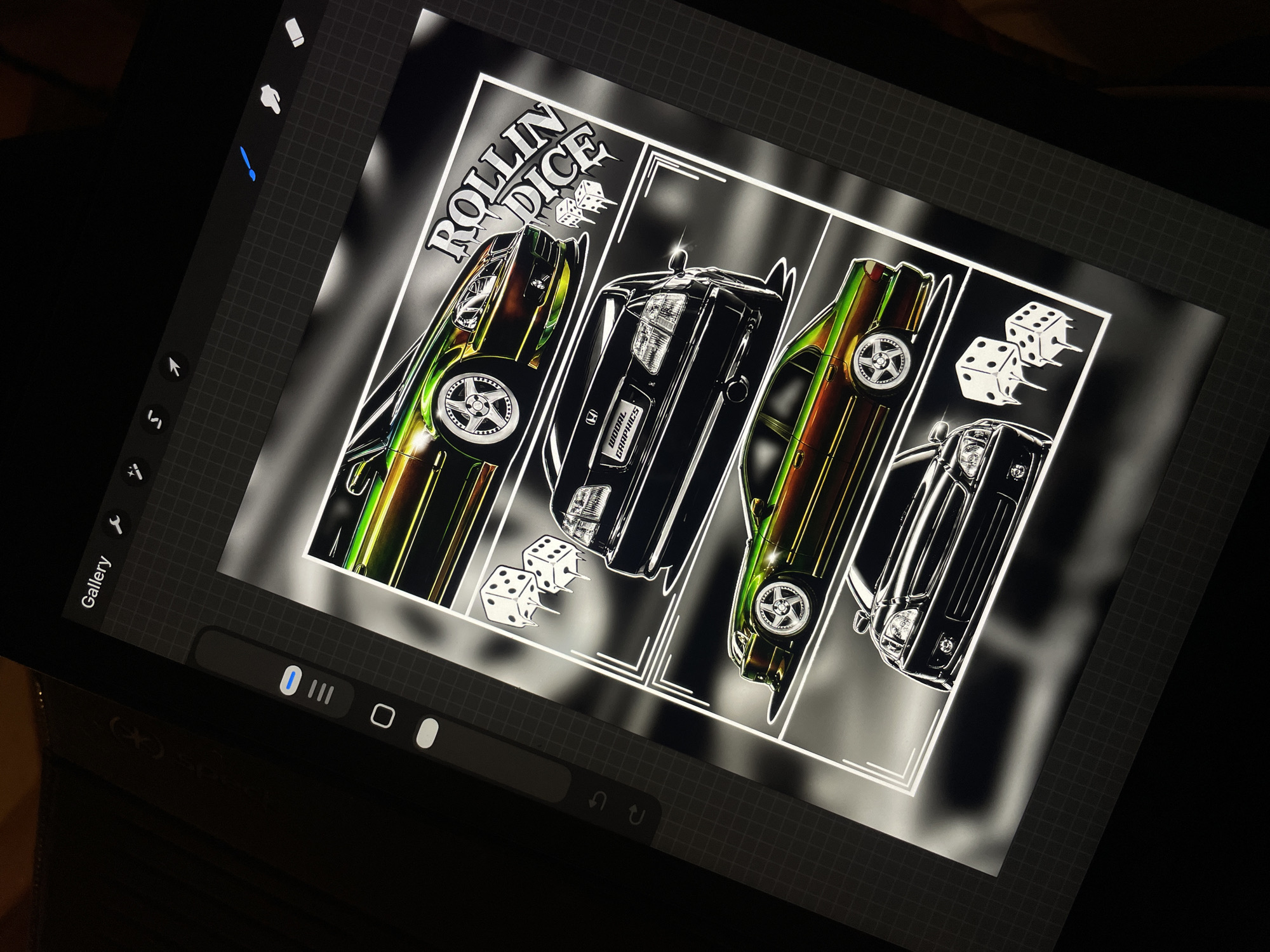 The image shows an iPad screen displaying a digital artwork. The artwork features a design with two cars and dice, framed with white lines and the text "ROLLIN DICE." The cars are depicted in a stylized, somewhat abstract manner with vibrant color gradients. One car is positioned on the left and the other on the right with one car in between them. The dice are shown in multiple locations including the top of the frame. The background of the artwork is a grayscale gradient. The iPad itself is tilted at an angle, and the surrounding environment is dark and out of focus.
