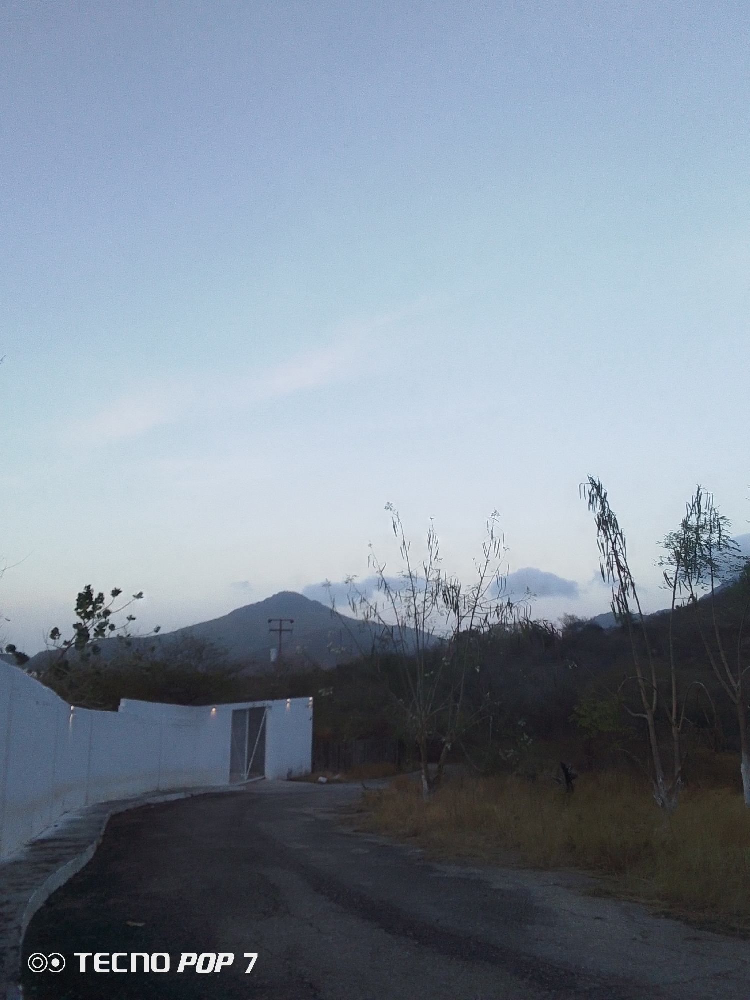 The image presents a dusky, rural scene likely captured in Altagracia, Venezuela, given the context provided. The foreground features a paved road curving past a low, white wall with an open doorway. Adjacent to the road is dry, overgrown vegetation. In the midground, sparse, leafless trees rise from the vegetation. Beyond this, a sloping hillside transitions into a mountain range under a pale sky. A utility pole is visible on the mountainside. The overall lighting suggests twilight or dawn. No people are visible in the image. The camera used to take the picture is a TECNO POP 7.