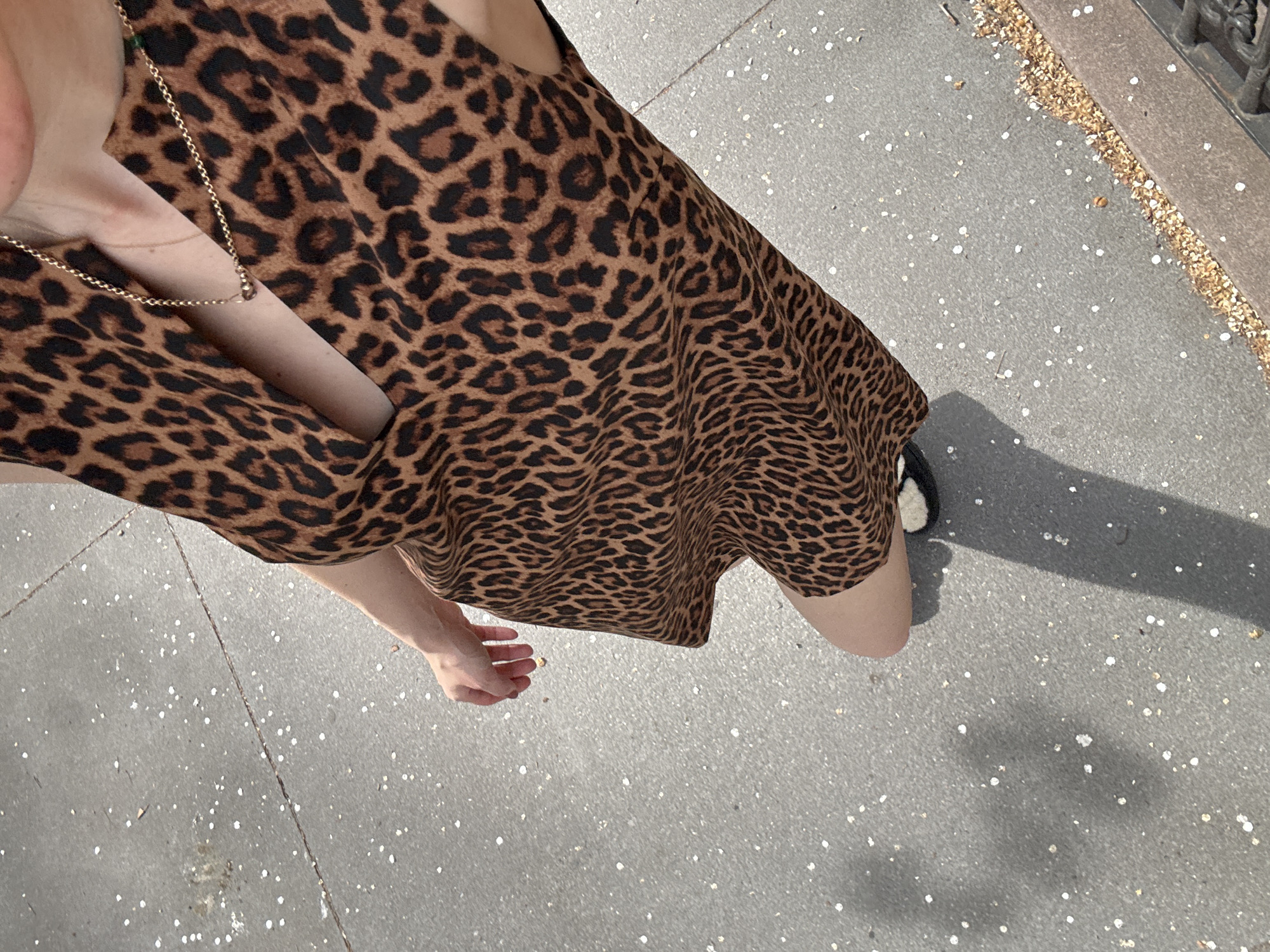 A high-angle shot shows a person wearing a leopard-print dress. A thin gold chain drapes over their shoulder. The person's left hand is visible, along with a portion of their lower legs and feet. The person is standing on a gray sidewalk, with small white specks scattered across the surface. The edge of a concrete planter or barrier is visible on the right, with brown debris or pebbles along the border. The scene appears to be outdoors, potentially in an urban environment in New York City based on the sidewalk details.