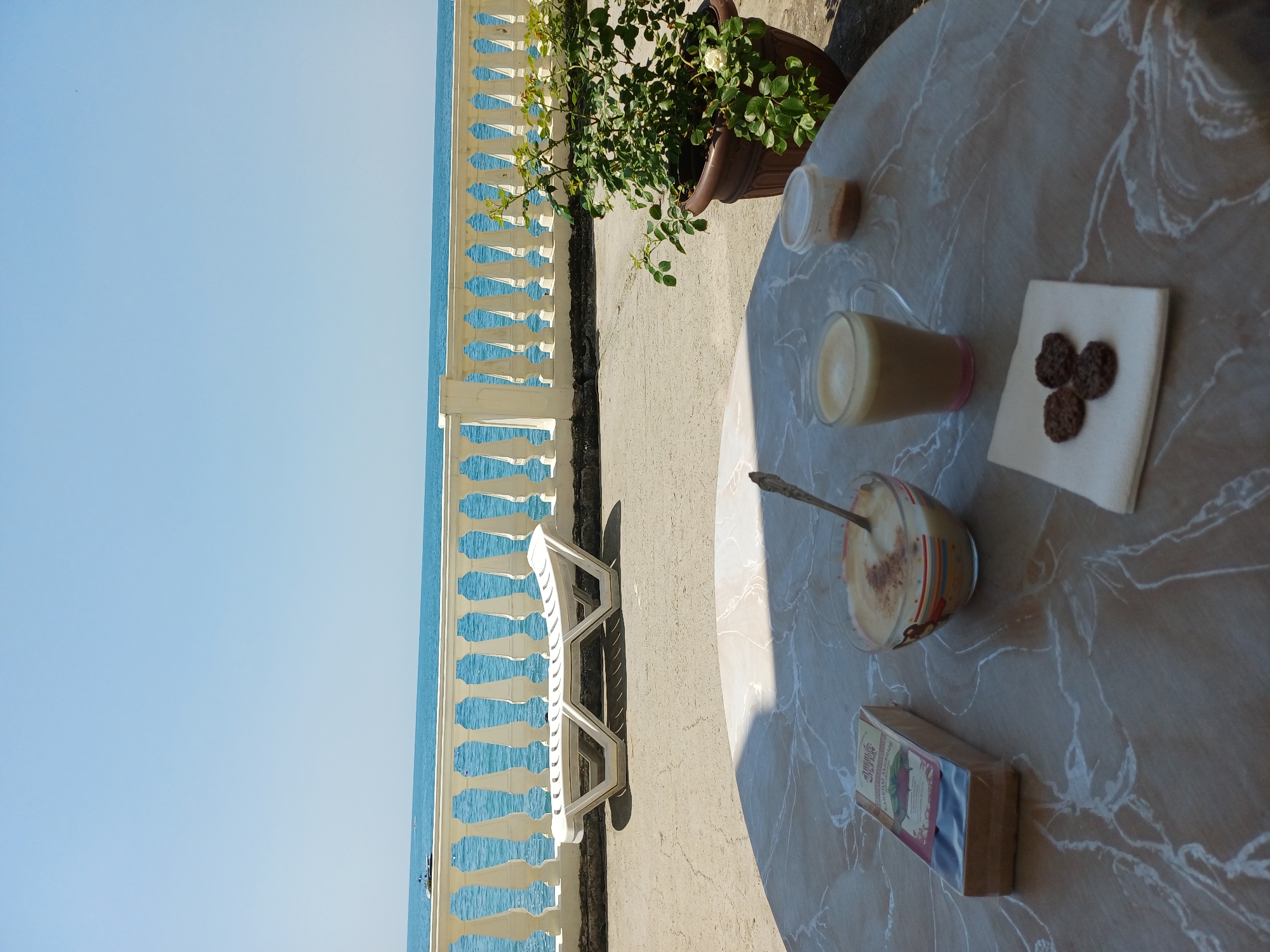 This media file captures a serene moment on a balcony overlooking the sea, likely in Sochi, Russia. The scene features a round, marble-patterned table with several items laid out. On the table, there are two glasses of beverages, one appearing to be a coffee drink with foam and cinnamon, and another lighter-colored beverage, possibly iced coffee or a latte. A spoon rests in the coffee. Beside the drinks, a small white napkin holds three dark, round cookies. In the background, a potted plant with green leaves and a white rose is visible, casting a shadow. A white plastic lounge chair is positioned on the balcony floor, facing the railing and the sea. The railing itself is white and ornate, with an abstract pattern. Beyond the railing, the turquoise sea stretches to the horizon under a clear, bright blue sky. The overall impression is one of a leisurely morning or afternoon, with the sun shining brightly, suggesting pleasant weather. The image is oriented vertically, with the sky and sea occupying the left side and the table and balcony occupying the right. There is some text visible on a rectangular package on the table, but it is not legible in detail. The setting evokes a sense of relaxation and vacation.