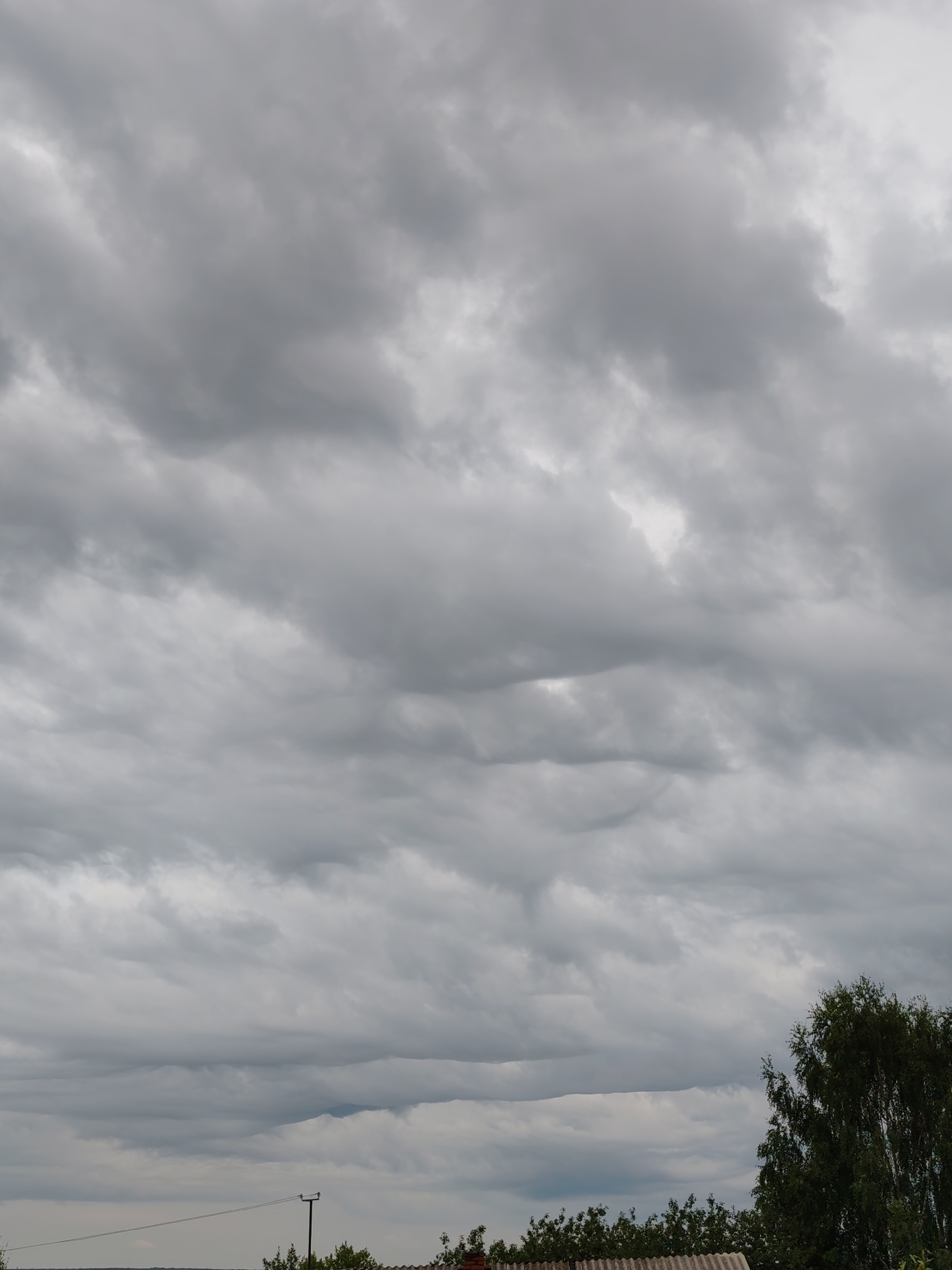 The image shows a cloudy sky over a rural landscape. The clouds are dense and gray, obscuring the sun and creating a somber atmosphere. In the foreground, there are trees and a part of a building, suggesting a residential area. The overall impression is of an overcast day in a location that appears to be on the outskirts of the city of Chuchlem, Russia. The scene is devoid of any people or active events.