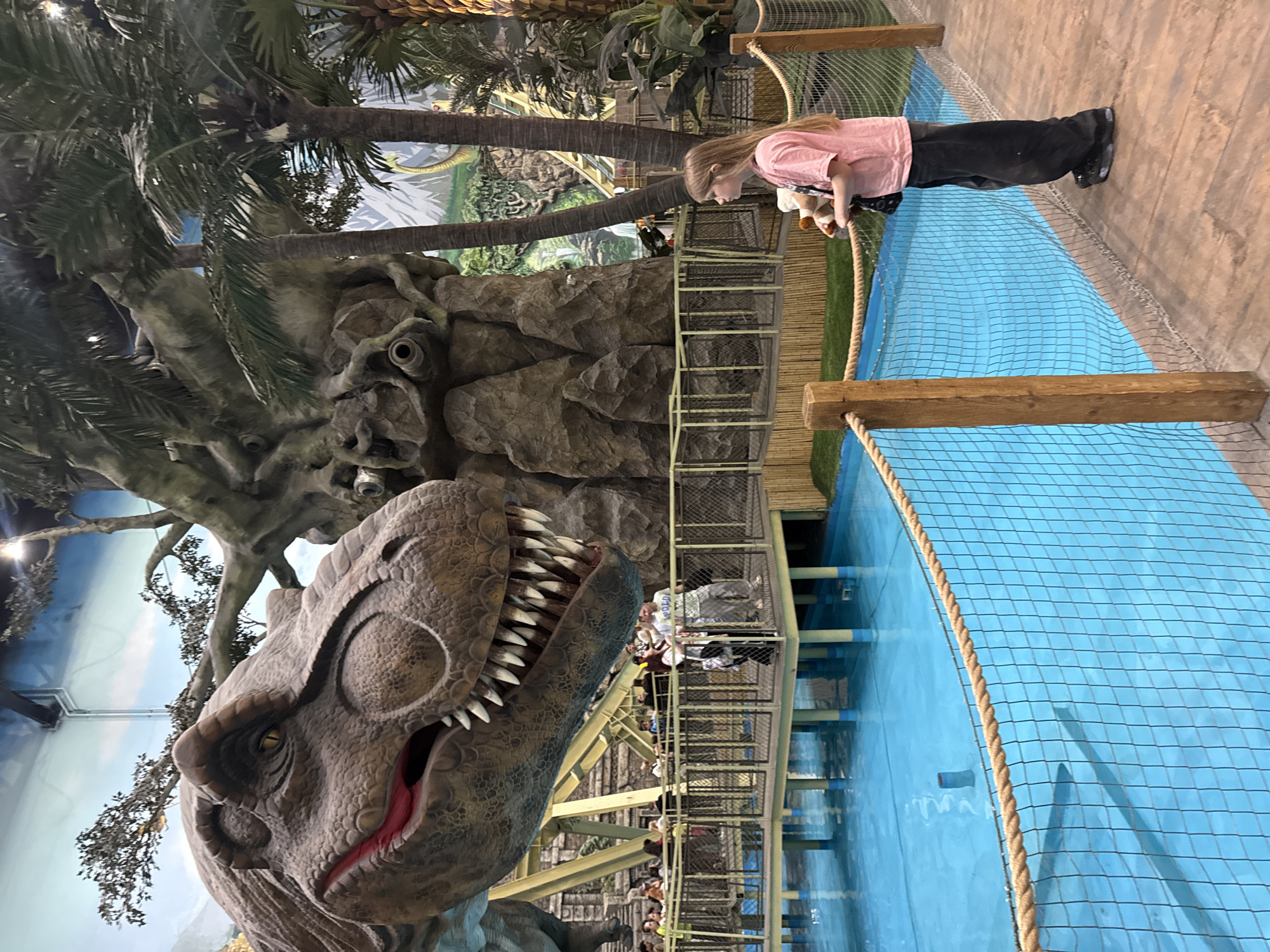 This image depicts an indoor dinosaur-themed attraction, likely a theme park or entertainment center, located in Moscow, Russia. The setting features a prehistoric jungle aesthetic created with large artificial rock formations and various artificial trees, including prominent palm trees.
In the foreground, a large, realistic animatronic dinosaur head, resembling a Tyrannosaurus Rex, is prominently displayed. Its mouth is open, revealing numerous sharp teeth and a red tongue, adding to the dramatic effect.
A young person, appearing to be a child or pre-teen with light brown hair, is positioned on a raised wooden walkway in the middle ground. They are wearing a pink t-shirt and black pants, and are holding a light-colored stuffed animal. The person is looking down towards the dinosaur and a distinctive blue-colored water feature below the walkway. This water body is covered by a safety net, which is secured by ropes strung between wooden posts.
Further in the background, multiple levels of platforms and walkways are visible, with other visitors scattered across them, observing the attraction. One of the artificial rock structures also features a model of a toucan. The lighting suggests an artificial, indoor environment designed to mimic a vibrant, adventurous prehistoric landscape. No discernible text is visible within the image.