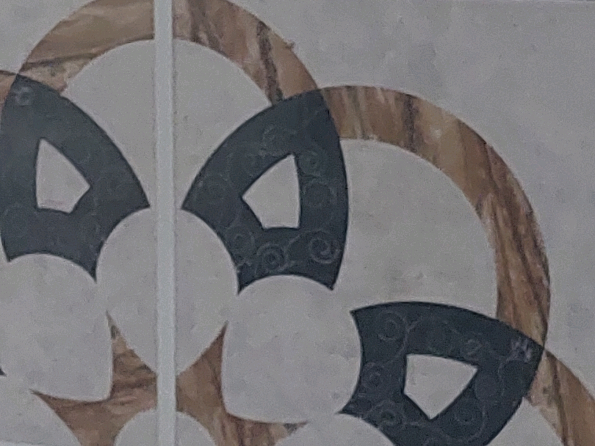 This image is a close-up, abstract shot of a patterned tile, likely part of a decorative element in a building or on a surface. The pattern features interlinking circular shapes with dark grey and off-white segments, accented by a wood-grain-like texture in brown and beige. The style is geometric and somewhat floral or mandala-like. There is a thin white vertical line bisecting the image, suggesting a grout line or the edge of another tile. The overall impression is of a repeating, symmetrical design. The image does not provide any information about its location in Peshawar City Tehsil, Pakistan, nor does it contain any people or identifiable actions.