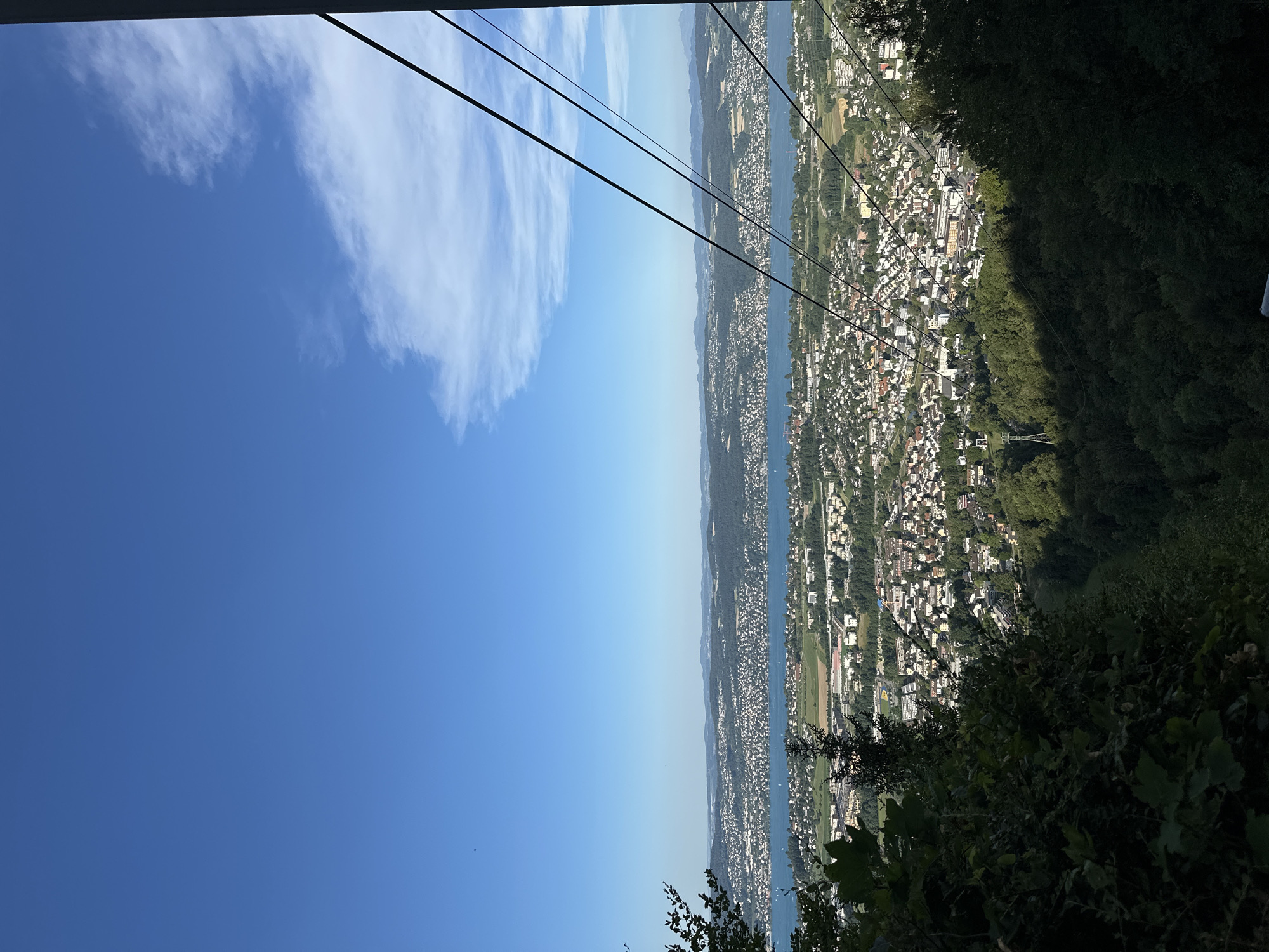 The image shows a panoramic view of a city and a large body of water, likely Lake Zurich, from a high vantage point overlooking Stallikon, Switzerland. The sky is a clear blue with scattered white clouds on the right side. Several dark cables are visible in the foreground, angled diagonally from the upper right to the lower left, suggesting the perspective is from a cable car or similar elevated structure.
In the midground, a densely populated urban area with numerous buildings, primarily residential with red-tiled roofs, stretches along the shoreline of the lake. Beyond the immediate city, rolling green hills and more distant mountains form the background, fading into the haze. The water of the lake is calm and reflects the bright sky.
The foreground on the left is dominated by dark green foliage, partially obscuring the view and adding depth to the scene. On the right side, a vertical dark structure, possibly a support for the cables, is also visible. The overall impression is a serene, sunny day overlooking a picturesque Swiss landscape.