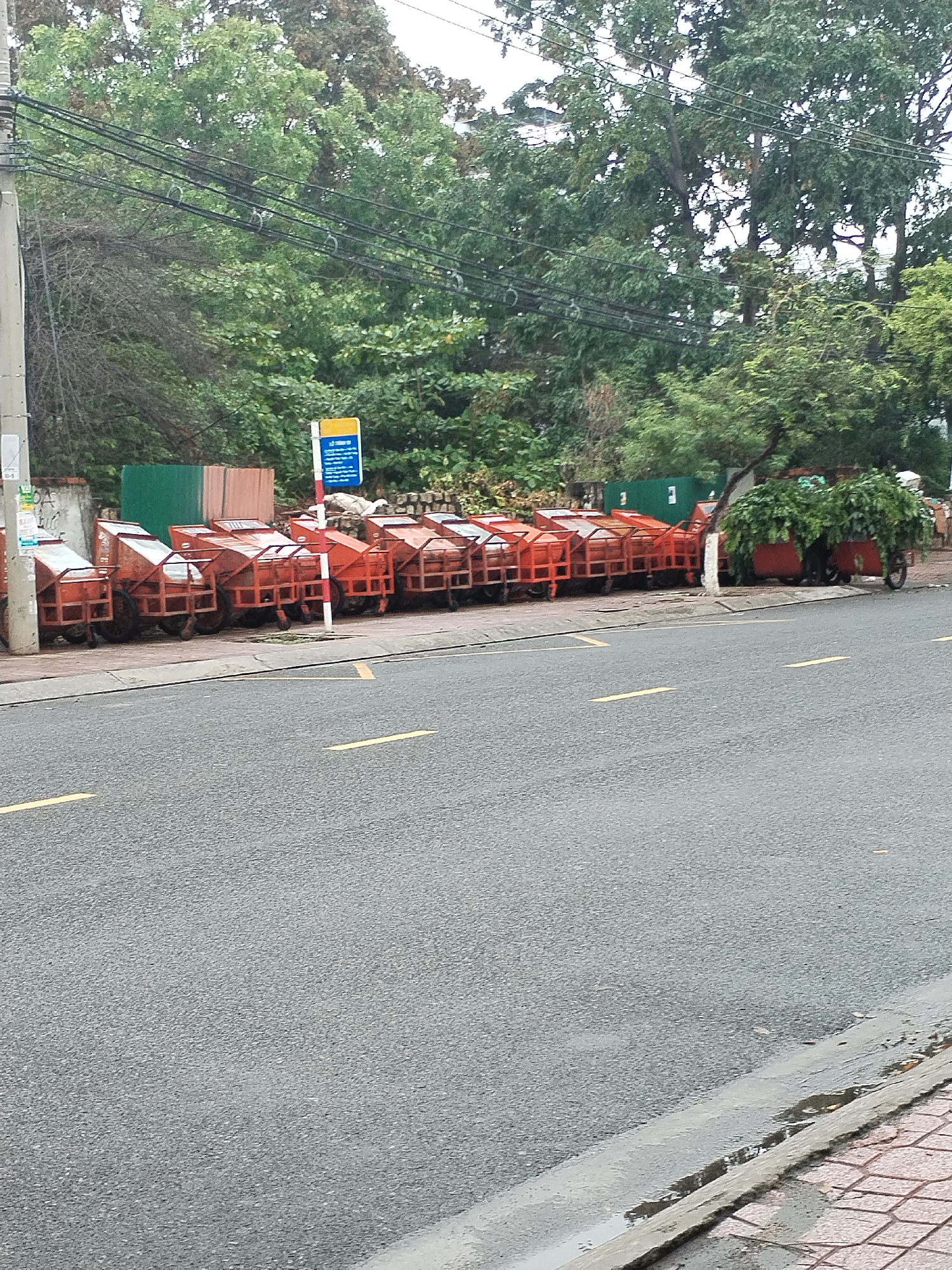 The image presents a static daytime street scene in Nha Trang, Vietnam, featuring a long line of specialized carts parked along a sidewalk next to an asphalt road. No people are visible.
In the foreground, a grey asphalt road with two parallel yellow dashed lines extends across the frame. To the right, a concrete curb shows signs of wetness or puddles, bordering a light-colored, patterned sidewalk.
The midground is filled with numerous identical, two-wheeled, orange-red carts, likely used for waste collection or street cleaning, lined up neatly along the sidewalk. At least ten carts are visible, receding into the distance. One cart on the far right is filled with green foliage, suggesting it's being used for collecting plant debris. A blue and white sign, mounted on a red and white striped pole, stands prominently among the carts. The text on the blue sign is in Vietnamese and is difficult to fully read, but appears to be related to environmental sanitation, possibly containing terms like "VỆ SINH MÔI TRƯỜNG" (Environmental Sanitation). A grey utility pole with multiple black power lines is visible on the far left.
The background is dominated by a dense canopy of lush green trees, indicative of a tropical or subtropical climate. The sky appears overcast, casting a soft, diffused light over the entire scene. The wetness on the curb and road edge suggests it might be a cloudy day or that it has recently rained. The scene is quiet and devoid of any discernible activity.
