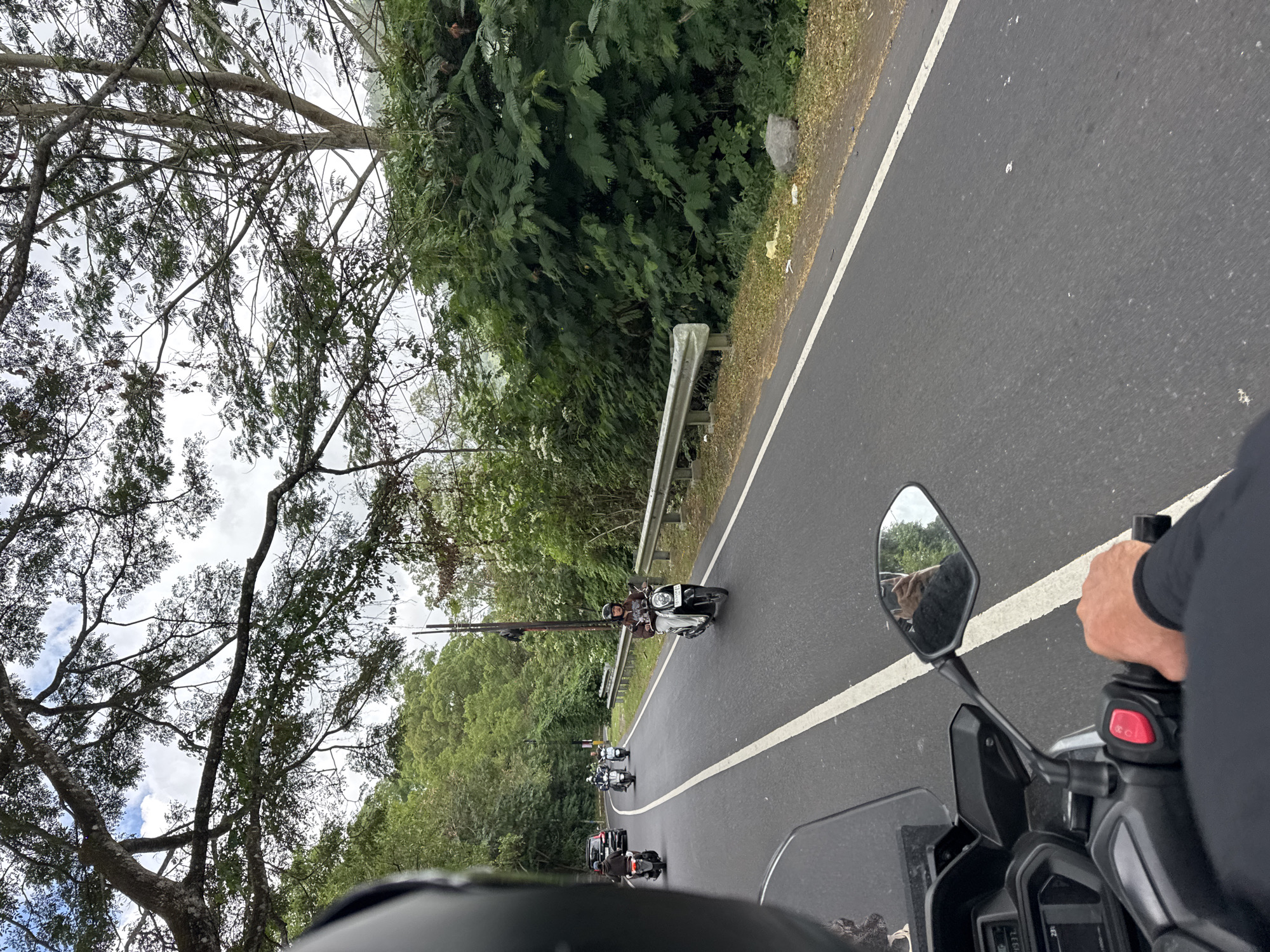 An external, eye-level shot captures a group of motorcyclists traversing a road flanked by lush greenery in Kintamani, Indonesia. The road, asphalted and marked with a white line, curves gently to the left. In the foreground, the perspective is from the rider of a scooter, with their hand on the handlebar and a black helmet visible. Several other scooters and a car are ahead on the road, proceeding in the same direction. The rider of the closest scooter ahead is wearing a brown jacket and white pants, with a helmet. Behind the scooters, dense foliage and trees line the road, with branches from large trees overhead forming a canopy. The sky above is partly cloudy. A metal guardrail separates the road from the vegetation on the right side.