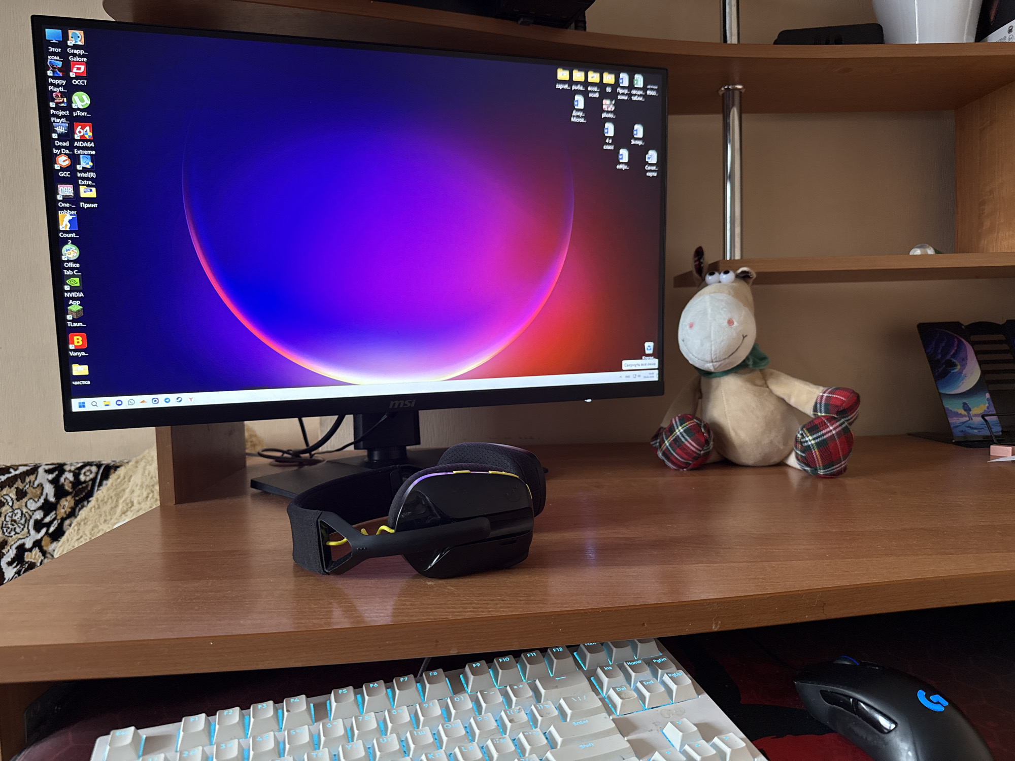 This indoor photograph captures a personal computer workstation, likely in a home setting in Tobolsk, Russia. The central focus is an MSI monitor displaying a vibrant Windows 11 desktop with an abstract purple and red wallpaper. Numerous icons for applications and folders, many with Cyrillic text, line both sides of the screen. Notable desktop icons include "µTorr..." (uTorrent), "AIDA64 Extreme", "NVIDIA App", and "Tlaun...". Folder names like "запрет_руба...", "Рыба...", "photo", and "карта" (map) are visible on the top right. The Windows taskbar at the bottom shows icons for Search, Widgets, Chat, Microsoft Edge, File Explorer, Mail, Telegram, WhatsApp, YouTube, and Yandex. The text "Свернуть все окна" (Minimize all windows) is visible in the bottom right corner of the screen.
On the wooden desk, a black gaming headset with yellow accents rests in front of the monitor. To the right, a plush reindeer or moose stuffed animal with a green scarf and plaid feet sits, facing the viewer. Behind the stuffed animal, on a higher wooden shelf, a small laptop or tablet with a colorful wallpaper is partially visible.
Below the desk, a white mechanical keyboard with light blue keys is situated in front of a black and red mouse pad. A black Logitech gaming mouse with a blue "G" logo is positioned to the right of the keyboard. Part of a patterned rug or textile is visible on the floor to the left of the desk. The overall scene suggests a setup for gaming, work, or general computer use.