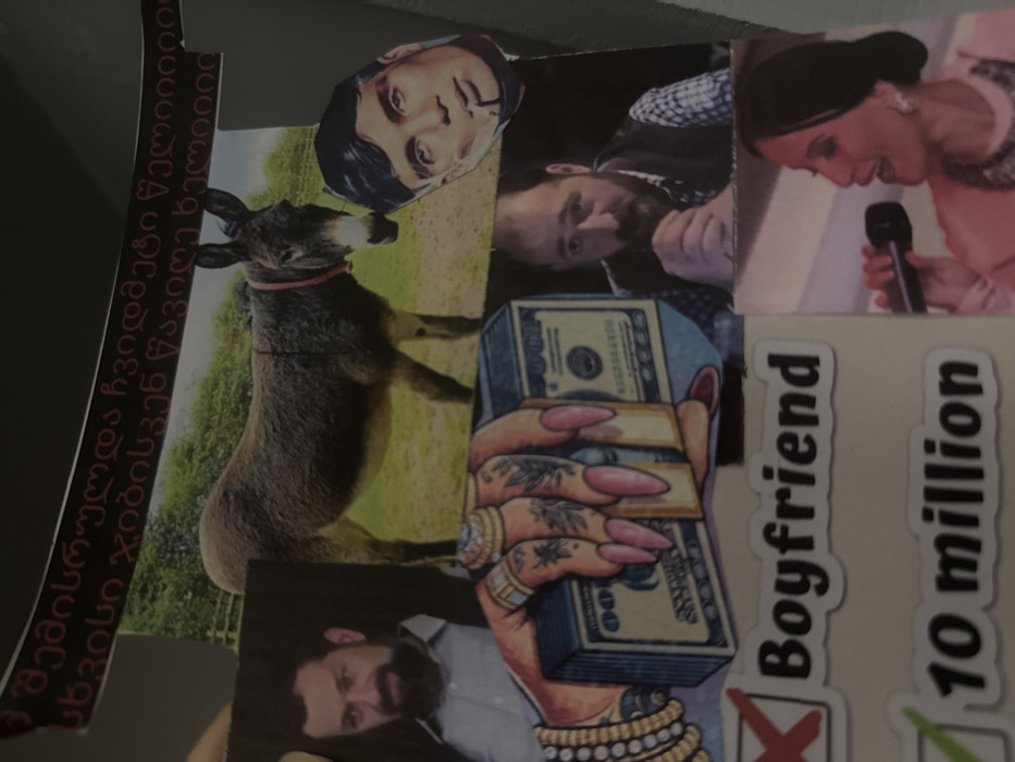 A multi-component collage is displayed in the city of Albi, France. At the top, a curved banner featuring red Georgian script is partially visible. Directly below, a photograph depicts a brown donkey with a red halter, standing in a green field with distant foliage. Overlapping the donkey image on the right is a cutout headshot of a man with dark hair and a cigarette in his mouth, resembling actor Cillian Murphy. To the left, a portrait photo shows a bearded man with dark hair, wearing a light-colored shirt and a dark jacket, looking towards the viewer. Below this portrait, an illustration presents a light-skinned hand with long, pink-painted fingernails, multiple gold-colored rings, and visible tattoos, gripping a stack of U.S. dollar bills. A gold-colored bracelet is visible on the wrist. Below the dollar illustration, a photograph displays another bearded man with clasped hands, wearing a plaid shirt and a dark vest. In the bottom left, two white adhesive labels are present: one reading "Boyfriend" next to a partially visible red 'X' mark, and another reading "10 million" next to a partially visible green checkmark. To the bottom right, a cropped photograph shows a woman with dark hair, wearing a necklace and light attire, holding a microphone to her mouth as if singing, with a reddish tint to her skin.