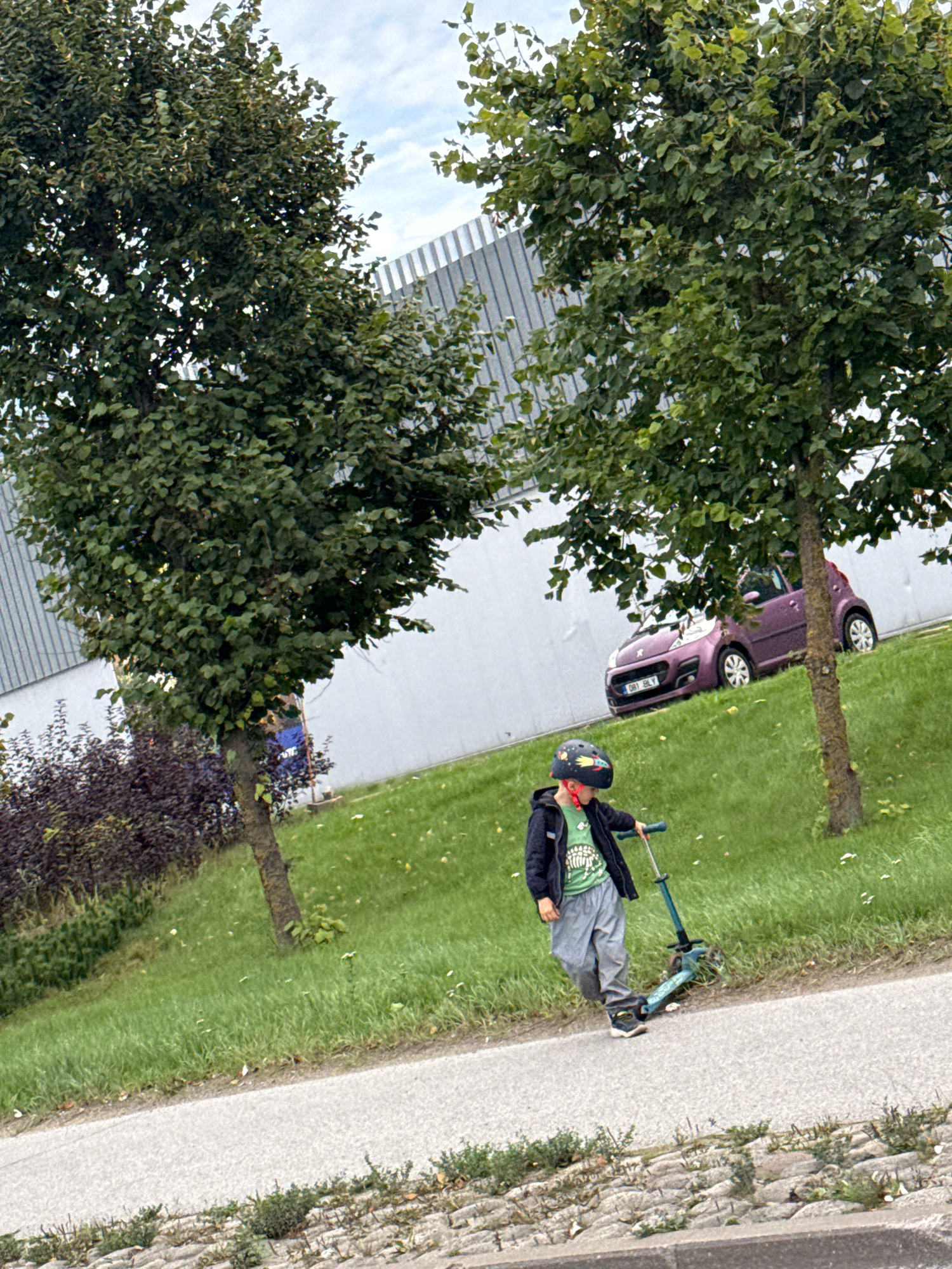 A young child wearing a helmet and a green t-shirt with a skeleton graphic is riding a teal scooter on a paved path. The child is in the foreground, and is leaning to their left, appearing to be in motion. Behind the child is a grassy slope. In the middle ground, there are two trees with dark green leaves and a purple car parked on the slope. In the background, there is a light-colored building with a metallic fence. The sky is overcast with some clouds. The image appears to have been taken outdoors during the daytime. The specific location is unknown.