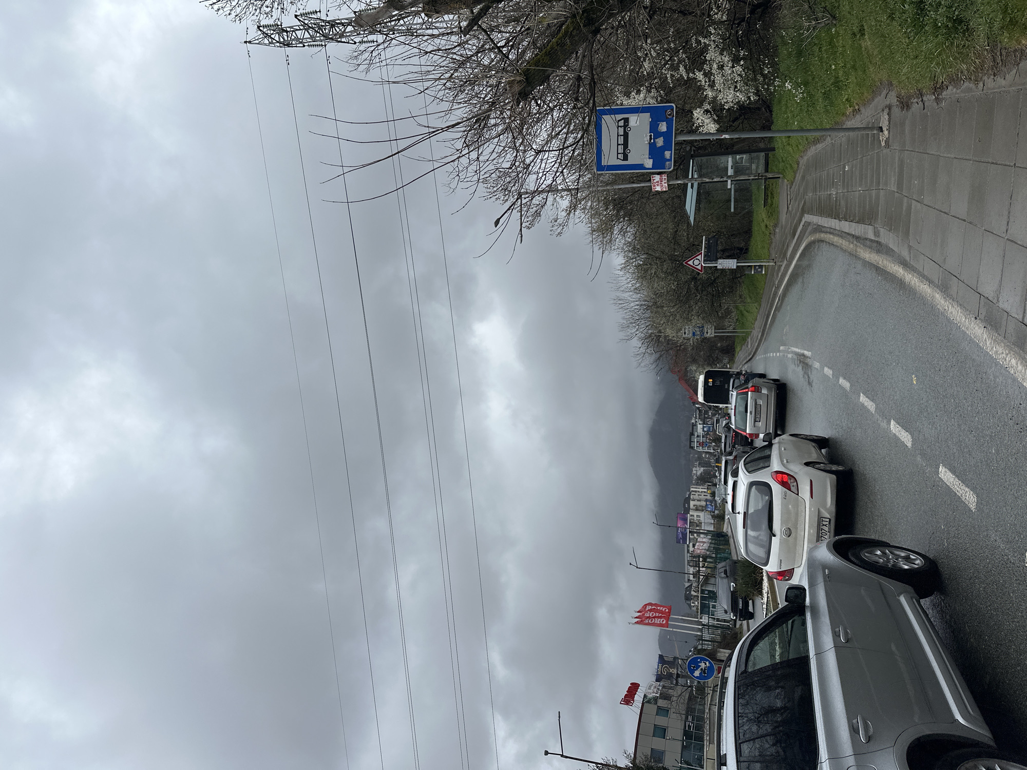 The image depicts a street scene in Sofia, Bulgaria, on an overcast day. A line of cars is visible on the right side of the road, suggesting traffic. A bus stop with a bus stop sign is positioned on the right side of the road. Power lines are strung across the sky on the left side. A building with red flags, along with additional signage, are visible. In the background, a mountain range is slightly obscured by clouds. The road appears to be wet, possibly from recent rain. The sidewalk is paved.