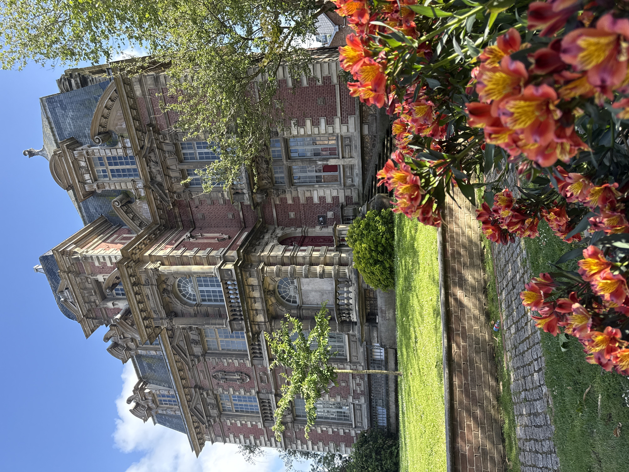 A vibrant outdoor scene features a grand, multi-story building alongside a lush garden under a clear blue sky in Fécamp, France. The building, prominent in the left and center, exhibits intricate architecture with red brick walls, grey stone details, ornate carvings, balustrades, and dark slate roofs. Numerous windows of varying shapes, including arched and rectangular, are set within decorative frames. Several large trees with bright green foliage partially obscure the upper sections of the building.
In the foreground on the right, a profusion of bright orange and yellow flowers, likely Alstroemeria (Peruvian Lilies), adds a striking splash of color and depth to the composition. Below the flowers, a well-maintained green lawn stretches out, bordered by a rustic brick path. Adjacent to the brick path, another path made of grey cobblestones runs parallel, creating a clear demarcation within the garden space. A small, slender tree with light green leaves stands in the grass closer to the building.
The scene is bathed in bright sunlight, indicated by the crisp shadows cast on the ground and building, suggesting a clear and sunny daytime. The sky is a vivid blue with a few scattered white clouds. No specific activity is depicted, presenting a static, picturesque view of the historic architecture and natural beauty. No legible text is visible in the image.