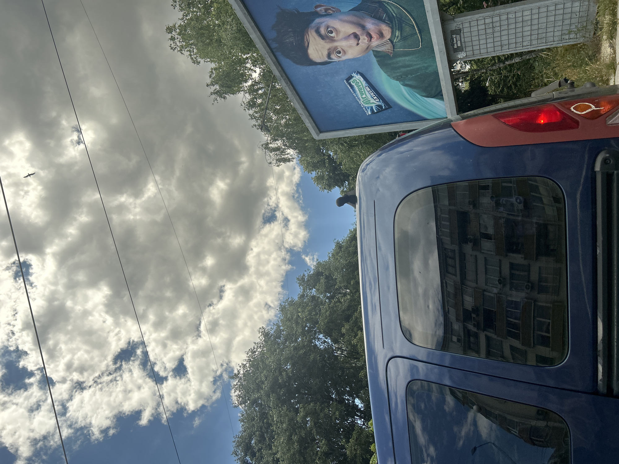 The image shows a street scene in Varna, Bulgaria. In the foreground, the rear left side of a dark blue van is visible, with its rear light illuminated. The van's tinted windows reflect a multi-story apartment building. To the right of the van, a large billboard features a close-up of a man with a surprised expression, advertising "Airwaves Extreme" chewing gum. Above the van and billboard, lush green trees form a backdrop, with a bright blue sky and scattered white clouds overhead. Power lines traverse the sky. A small bird is visible in flight high in the sky. On the roof of the van, a dark object, possibly a bird or a piece of debris, is perched. The overall scene suggests an urban environment on a clear day.