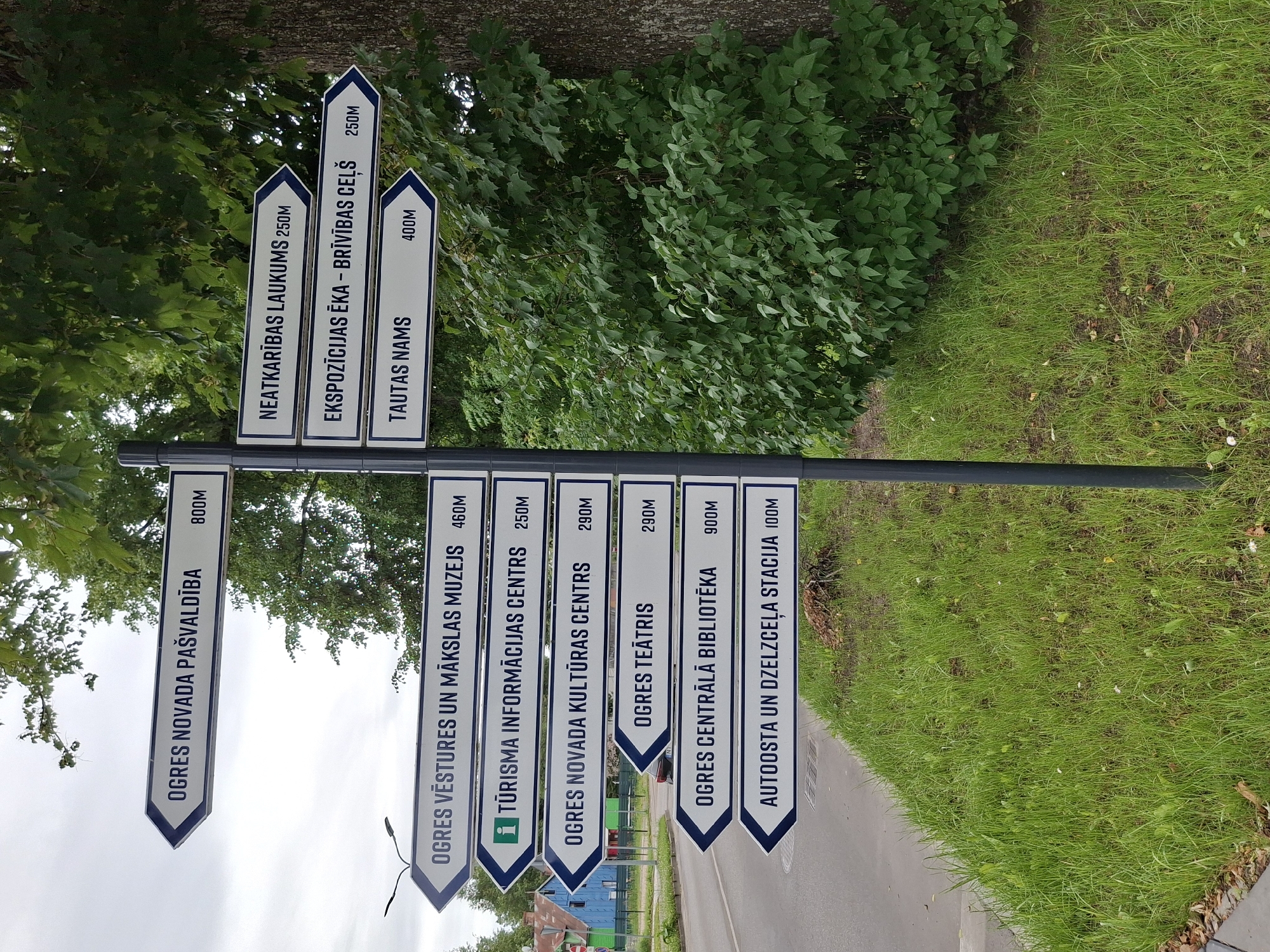 This is a media file of a directional signpost in Ogre, Latvia. The signpost has multiple arrow-shaped signs, each indicating a different destination and its distance in meters. The visible destinations include: "OGRES NOVADA PAŠVALDĪBA" (800M), "NEATKARĪBAS LAUKUMS" (250M), "EKSPOZĪCIJAS ĒKA - BRĪVĪBAS CEĻŠ" (250M), "TAUTAS NAMS" (400M), "OGRES VĒSTURES UN MĀKSLAS MUZEJS" (460M), "TŪRISMA INFORMĀCIJAS CENTRS" (250M), "OGRES NOVADA KULTŪRAS CENTRS" (290M), "OGRES TEĀTRIS" (290M), "OGRES CENTRĀLĀ BIBLIOTĒKA" (900M), and "AUTOOSTA UN DZELZCEĻA STACIJA" (100M). The signs are white with blue lettering and a blue border. The signpost is set against a backdrop of lush green trees and grass, with a paved path visible to the right. The overall scene suggests an outdoor public space, possibly a park or a roadside in a town. The lighting indicates it is daytime, and the presence of green foliage suggests it is likely spring, summer, or early autumn. There are no people visible in the frame.