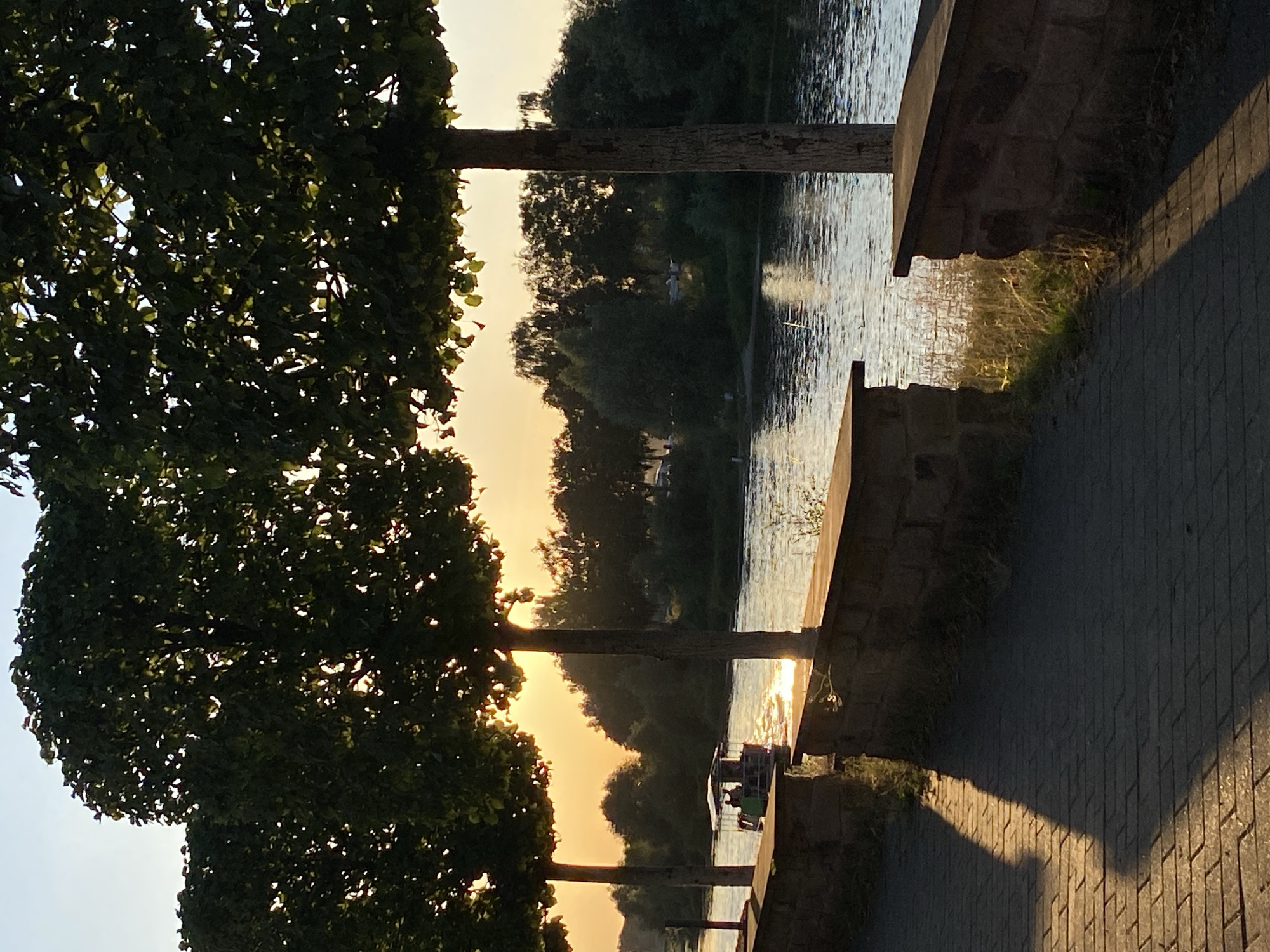 The image depicts a tranquil riverside scene at sunset in Rinteln, Germany. In the foreground, a paved walkway with a stone retaining wall lines the path, casting long shadows from trees. Beyond the wall, the Weser River flows, reflecting the warm hues of the setting sun. A small boat with a canopy and passengers is visible navigating the water, creating ripples on its surface. The opposite bank of the river is densely wooded with a variety of trees. The sky is a soft orange and yellow, indicative of the golden hour.