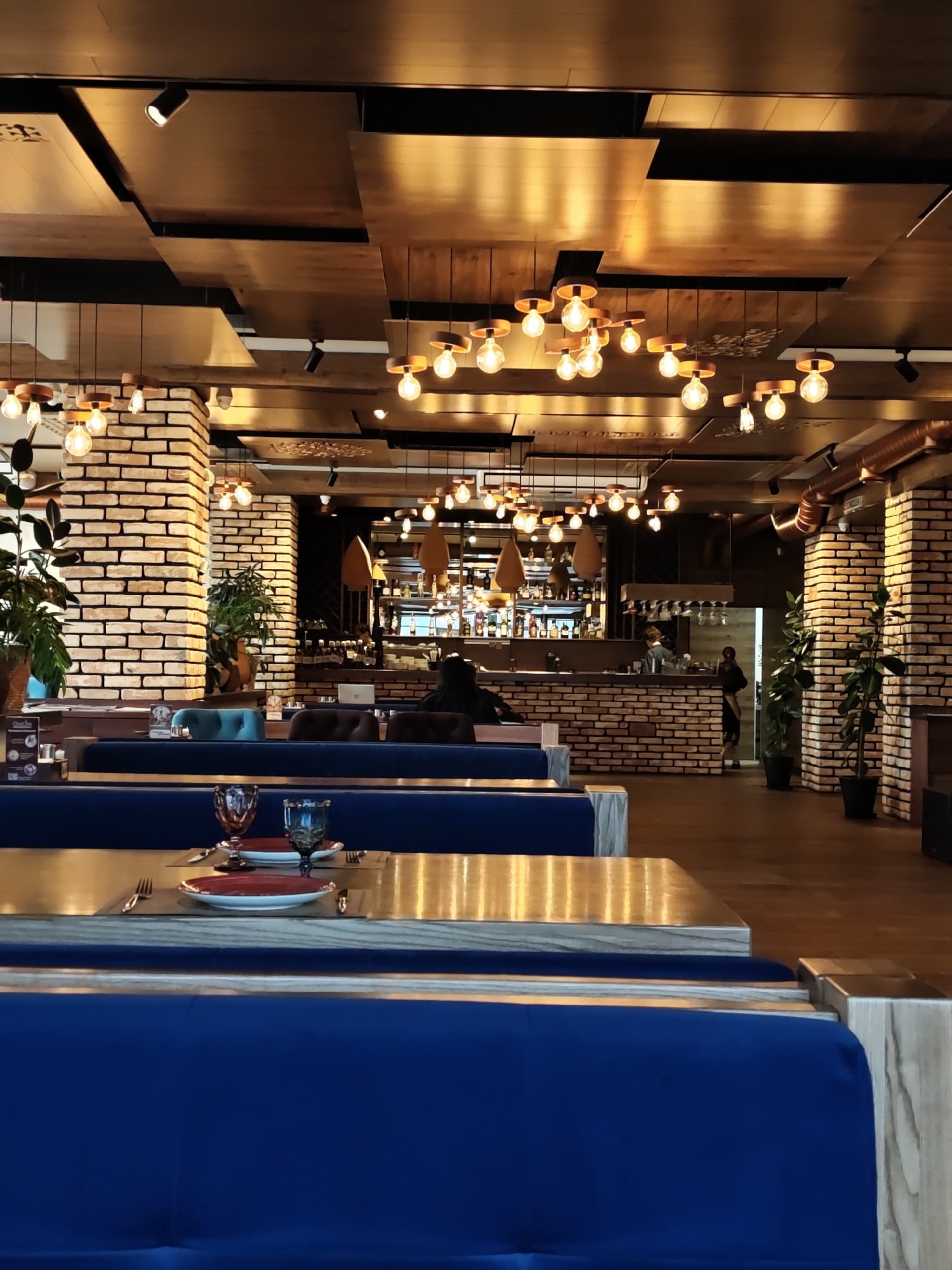 The image depicts the interior of a restaurant in Vinnytsia, Ukraine. The space is illuminated by pendant lights with exposed bulbs. The ceiling features a combination of dark-toned wooden panels and track lighting. Brick columns support the structure. Seating consists of blue upholstered booths. Tables are set with silverware, plates, and goblets. In the background, a bar area is visible. A person is standing behind the bar. Potted plants are placed throughout the restaurant.