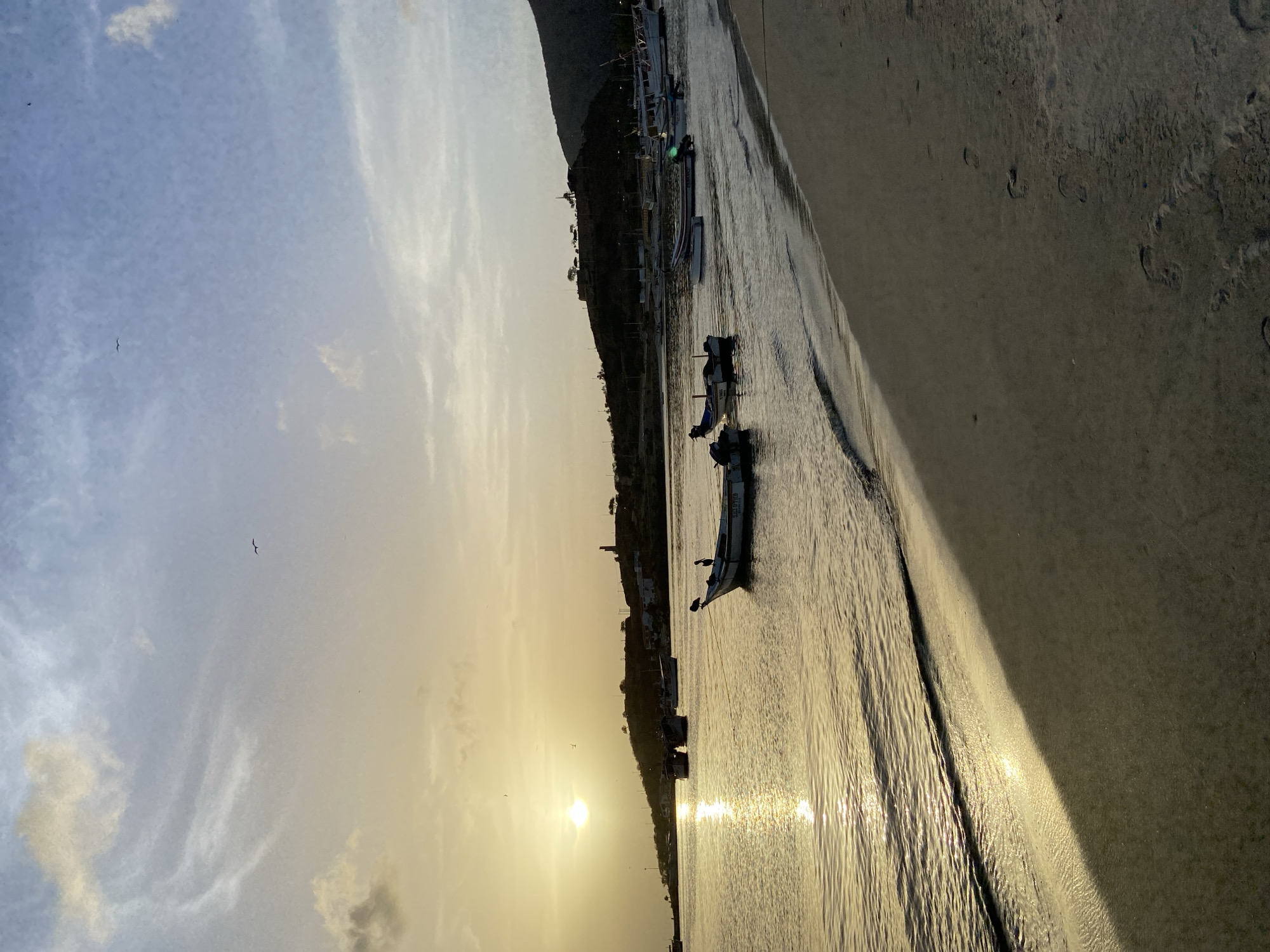 The image depicts a serene sunset over the coastal town of Juan Griego, Venezuela. The sky is a gradient of soft yellows and blues, with wispy clouds casting a gentle light. The sun, a bright orb, is low on the horizon, its rays reflecting off the calm waters of the sea, creating a shimmering path.
Several small fishing boats are anchored in the bay, their silhouettes softened by the twilight. One boat in the foreground has two dark figures standing on its deck, possibly birds. The gentle waves lap at the sandy shore, leaving a smooth, wet edge that reflects the warm hues of the sky. In the background, a hilly coastline is dotted with scattered buildings and structures, including what appears to be a lighthouse or tower. The overall atmosphere is one of tranquility and natural beauty, characteristic of a peaceful evening in a coastal Venezuelan town.