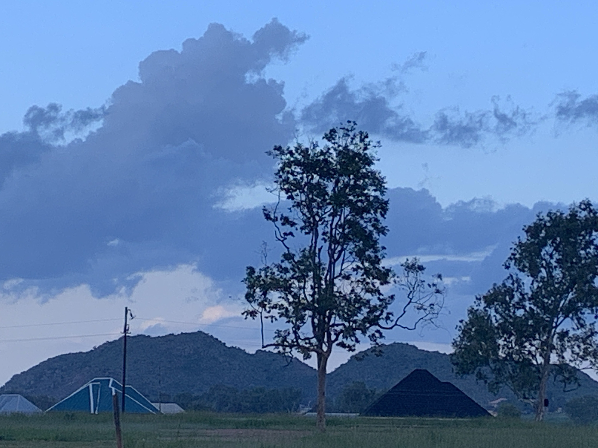 In Kuru Karama, Nigeria, at dusk, a landscape is captured featuring rolling hills in the background under a dramatic sky filled with dark, textured clouds contrasting with patches of lighter blue. In the midground, a tall, slender tree with sparse foliage stands prominently in the center, while another, larger tree with a fuller canopy is visible on the right. A conical, dark pile, possibly of coal or a similar material, is situated on the right side of the frame. To the left, a teal-colored structure with white trim, possibly a tent or shelter, is visible, along with other less distinct structures. A utility pole with visible wires stretches across the scene, and a grassy field occupies the foreground.