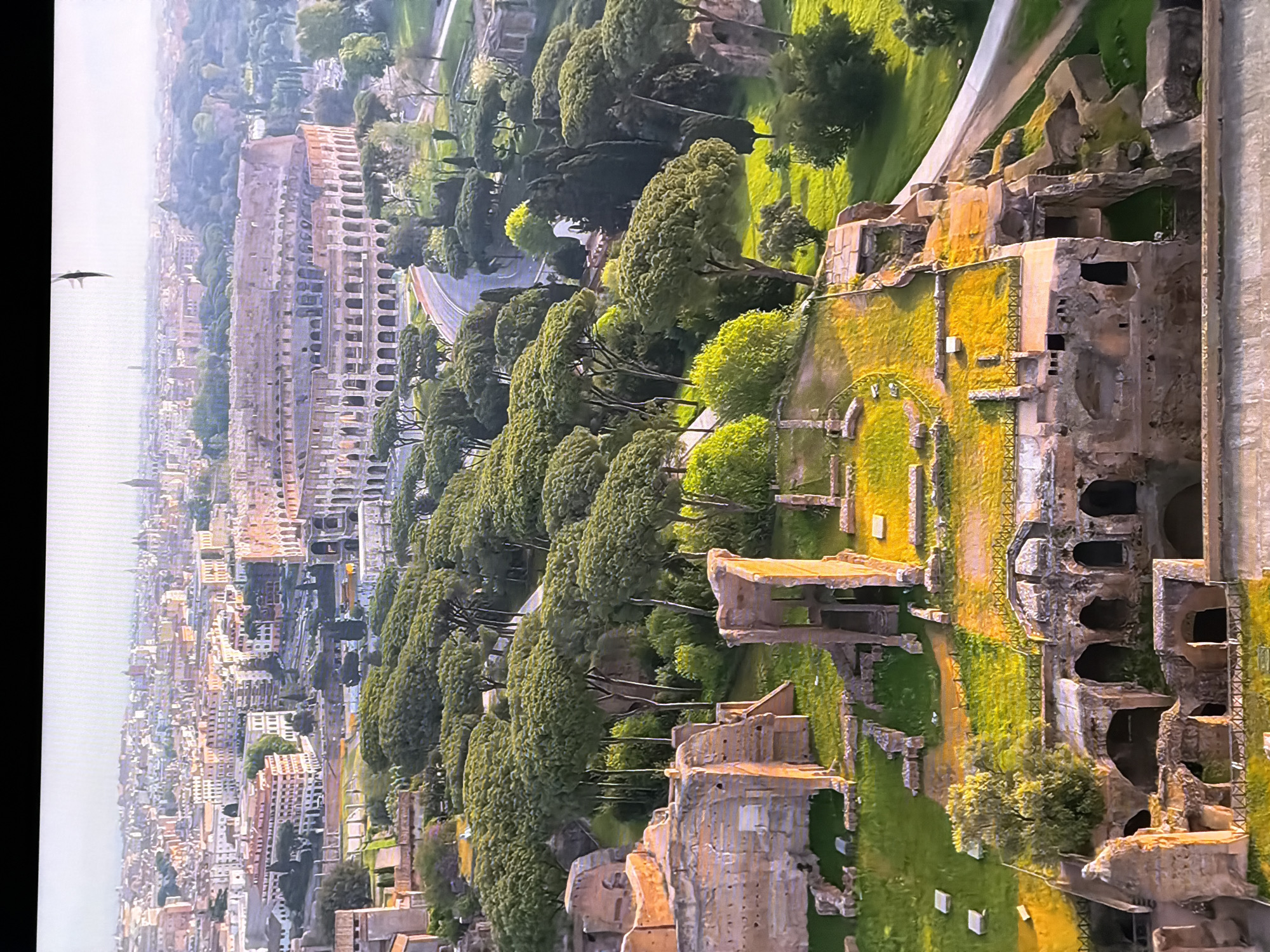 The image displays an aerial view of the Colosseum in Rome, Italy, bathed in warm, natural light. The iconic amphitheater, with its weathered stone facade, stands prominently in the mid-ground. Surrounding the Colosseum is a lush landscape of green trees, predominantly umbrella pines, which cast dappled shadows on the ground. In the foreground, ancient Roman ruins, characterized by crumbling brick and stone structures, are visible, interspersed with grassy areas and pathways. Beyond the Colosseum, the cityscape of Rome unfolds, featuring numerous buildings with terracotta roofs. The overall scene depicts a historic and serene environment. The city of Chirchik, Uzbekistan, is not present in this image.