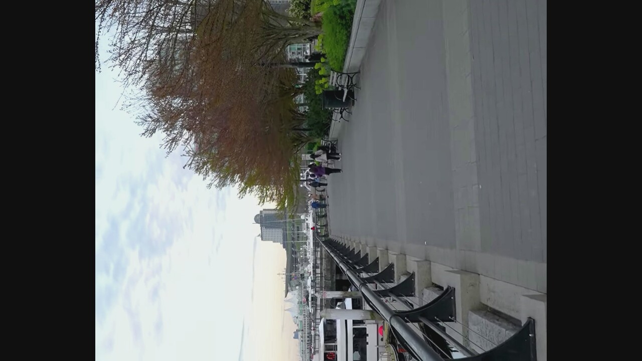The image depicts a waterfront walkway in Vancouver, Canada, likely Coal Harbour. The scene is an outdoor public space with a paved walkway bordering a body of water. A black metal railing with triangular supports lines the left side of the walkway, separating it from a lower level, possibly a dock or pier, where a white passenger ferry or boat is visible.
Several people are walking along the paved path. In the foreground, the walkway is mostly empty, but further down, a few individuals are strolling. One person in a purple top is walking towards the viewer, while others are walking away. Benches are placed along the right side of the walkway, some occupied by people. Trees with reddish-brown leaves, suggesting autumn or early spring, are lining the right side of the walkway, with lush green bushes visible behind them.
In the background, across the water, a cityscape is visible, featuring buildings, including a prominent multi-story building with a domed top. Various boats and yachts are moored in the harbor, with white sails visible on some. The sky is overcast with a mix of white and gray clouds. The overall impression is a calm, urban waterfront scene on a cloudy day.