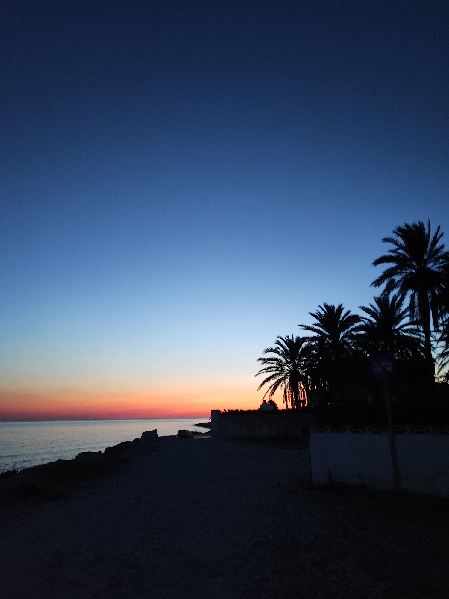 The image depicts a serene twilight scene at the beach in Els Poblets, Spain. The sky transitions from a deep, clear blue at the top to shades of lighter blue and then a vibrant orange and pink gradient near the horizon, indicative of sunset or sunrise. Several palm trees are silhouetted against the colorful sky, their fronds fanned out. A sandy path runs along the foreground, leading towards the beach. The sea is calm, with a faint line of buildings visible in the distance along the coast. There are no people visible in the frame. The overall atmosphere is peaceful and tranquil, characteristic of a coastal landscape at dusk.