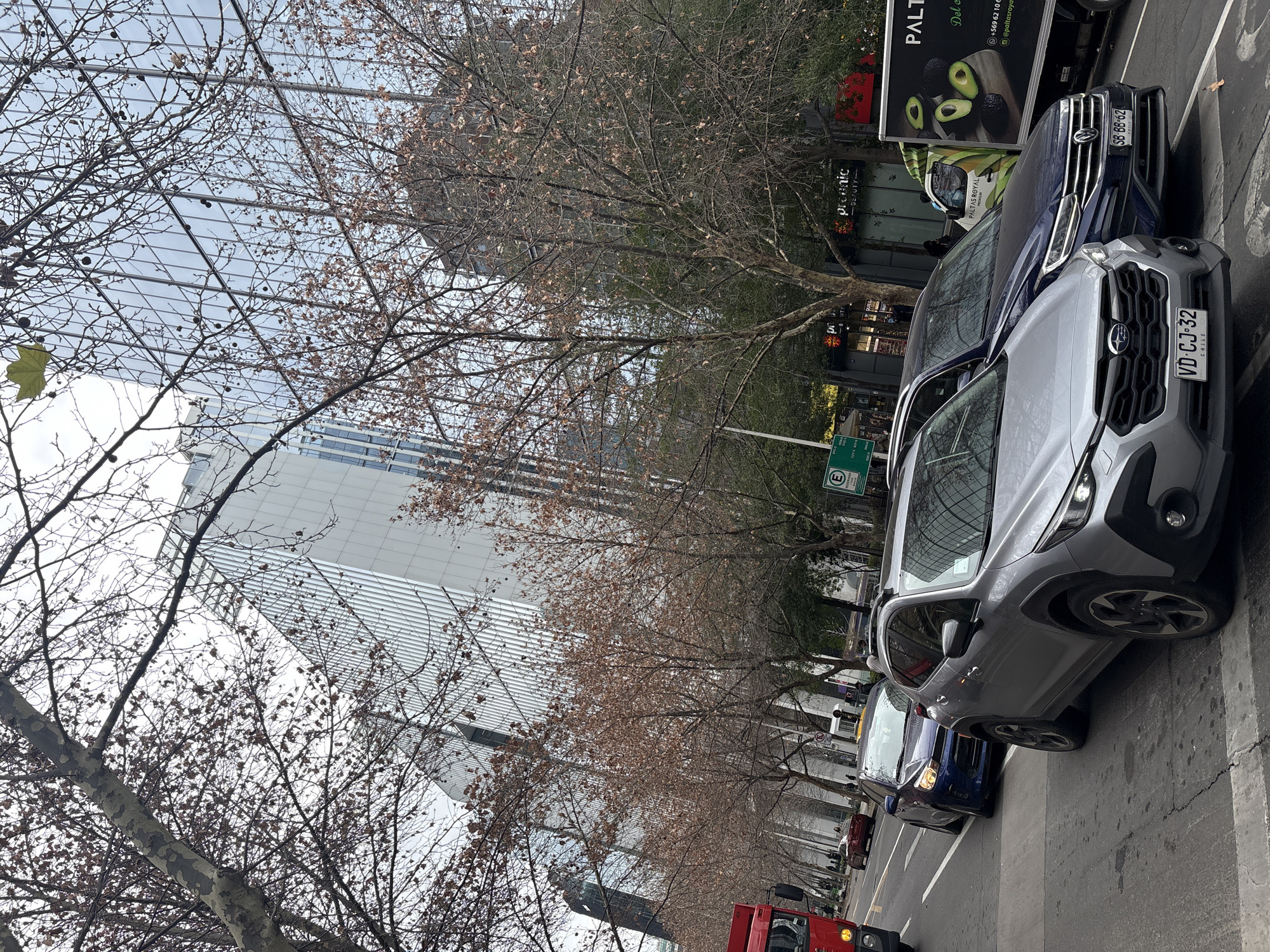 The image captures a street scene in Santiago, Chile, likely during autumn or winter due to the bare trees. In the foreground, a silver Subaru Outback with license plate VD-CJ-32 is stopped at what appears to be a crosswalk. To its right, a dark blue Volkswagen Tiguan with license plate SB-BB-62 is also stopped. Behind these vehicles, traffic is congested on a multi-lane road.
The background is dominated by modern glass-fronted office buildings, with one particularly striking building featuring a curved, reflective facade. A red truck is visible on the far left of the image, and a delivery truck with an advertisement for "PALTAS ROYAL" featuring avocados is to the right of the Volkswagen. Several people are visible on the sidewalks and crossing the street, though their features are indistinct. Trees with sparse, brown foliage line the street, casting shadows on the road. A green sign with a white "E" symbol, indicating parking restrictions, is visible on the right side of the frame. The sky is overcast, contributing to a muted color palette.