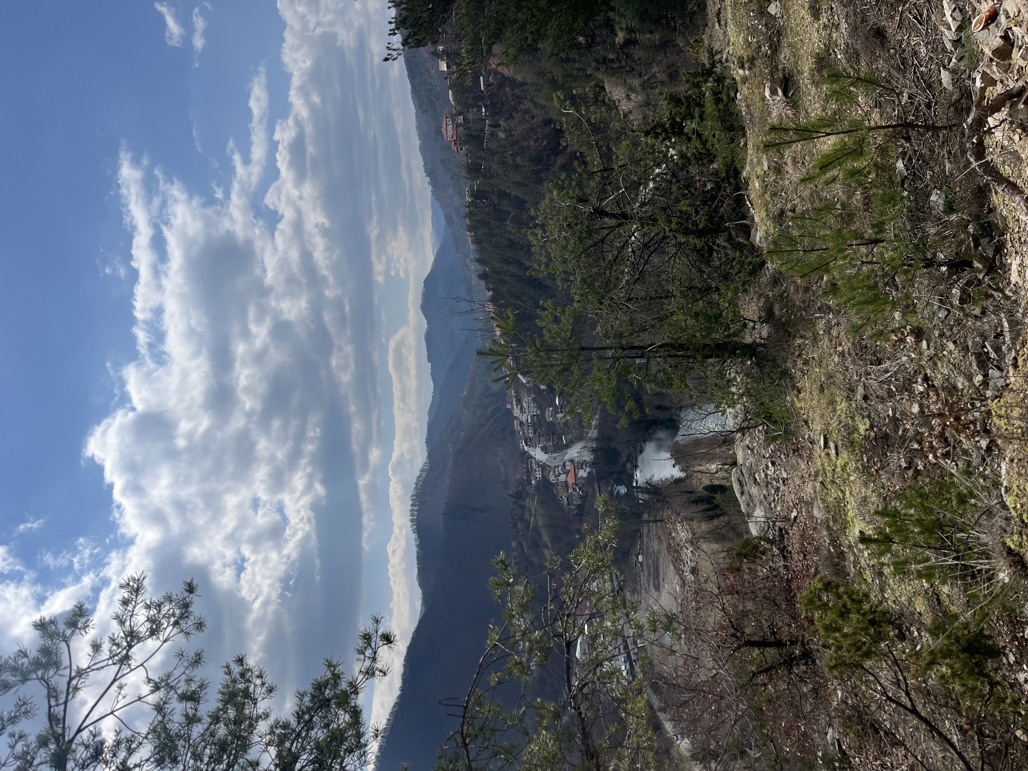 The image presents an elevated panoramic view of the city of Srednogortsi, Bulgaria, situated within a mountainous river valley under a partly cloudy blue sky. In the immediate foreground, a rocky, sparsely vegetated hillside slopes downwards, featuring visible dirt, dry grass, small coniferous saplings, and bare branches from deciduous trees. Several pine branches with green needles extend into the upper left portion of the frame. Below this vantage point, a light blue-green river flows through the valley, paralleled by a winding, reflective paved road. The city of Srednogortsi occupies both sides of the river and road, extending up the lower slopes of the surrounding hills. It is characterized by numerous buildings, many of which feature distinctive red-tiled roofs. Beyond the city, successive ranges of forested and partially barren mountains rise, receding into the distance under a sky marked by scattered cumulus clouds and patches of clear blue. No individuals, vehicles, or active interactions are discernibly present within the captured scene.