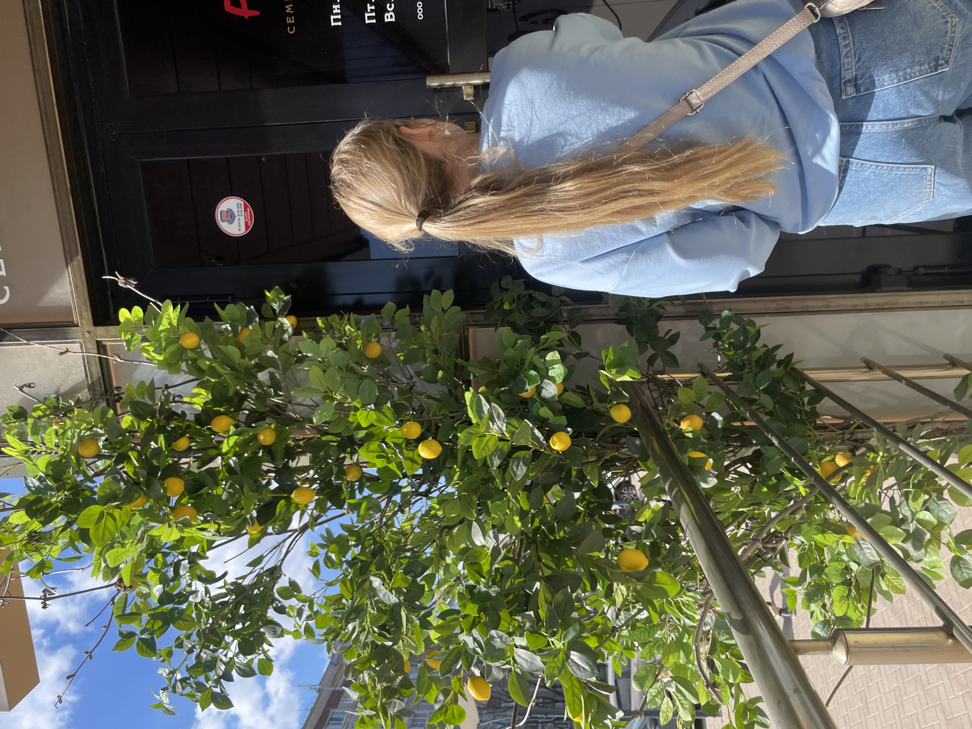 A medium, eye-level shot shows a blonde woman in a blue top and jeans standing beside a lemon tree in Izhevsk, Russia. The woman has her hair pulled back in a ponytail and is wearing a shoulder bag. The lemon tree is laden with green leaves and yellow lemons. Behind the tree is a black door with a sticker on it. The sky is visible in the lower left corner of the frame. A silver metal bar is to the right of the tree.